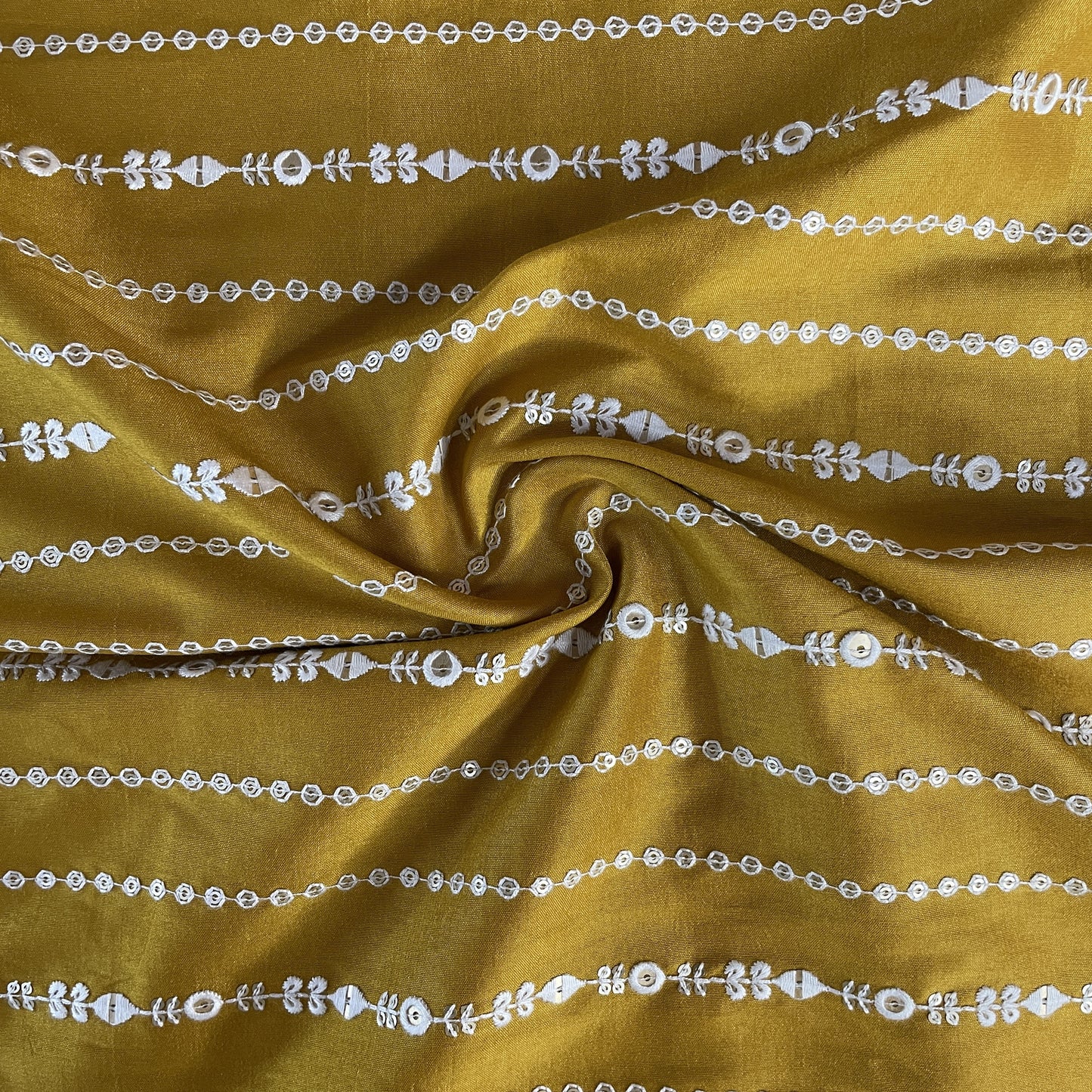 Mustard Thread Sequins Embroidery Russian Silk Fabric 19533