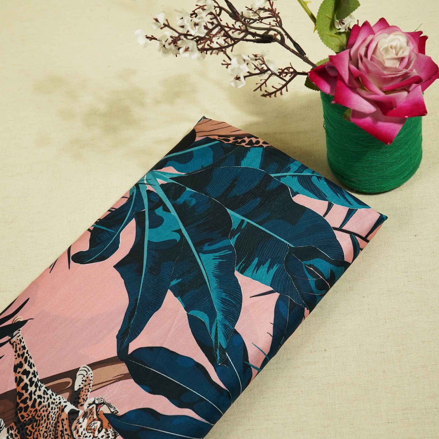 Pink Tropical Print Satin Linen Fabric 0243 SN-19572