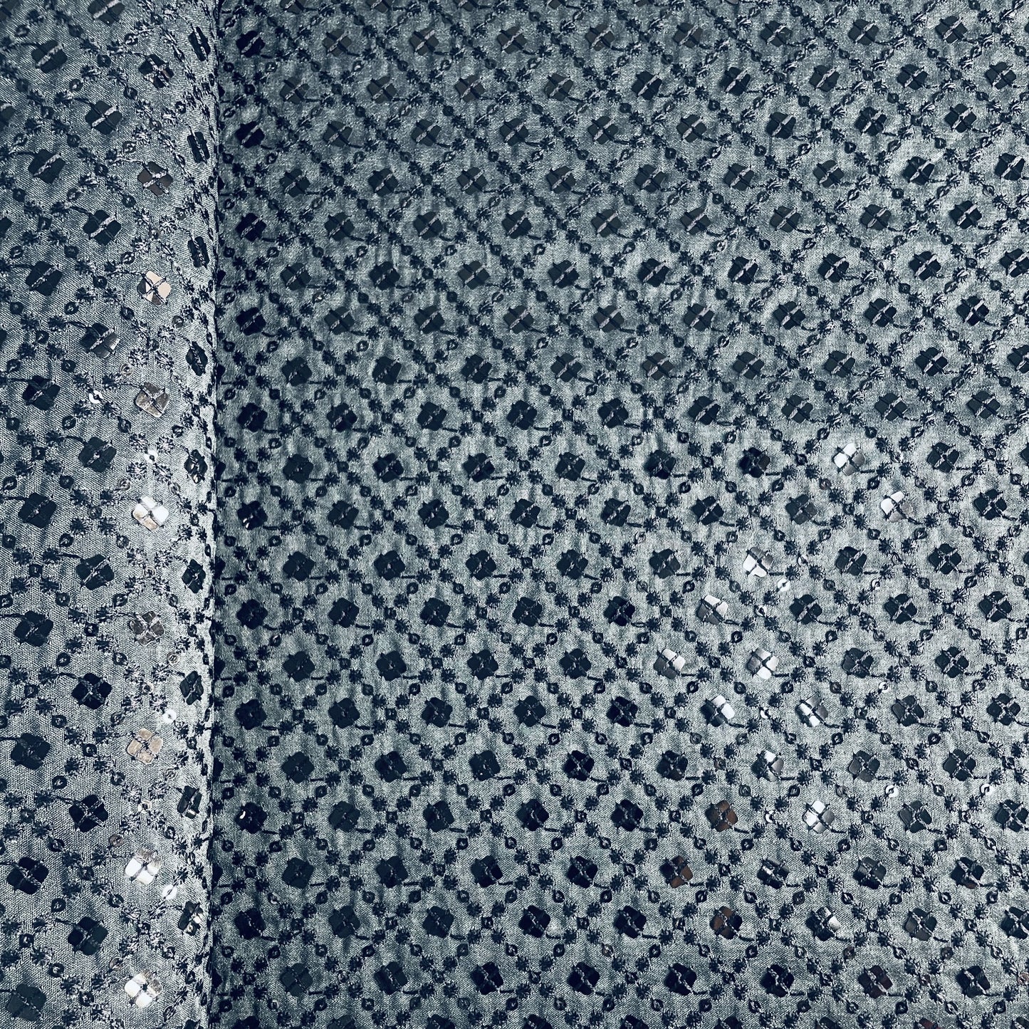 Light Grey Sequins Embroidery Russian Silk Fabric 19687