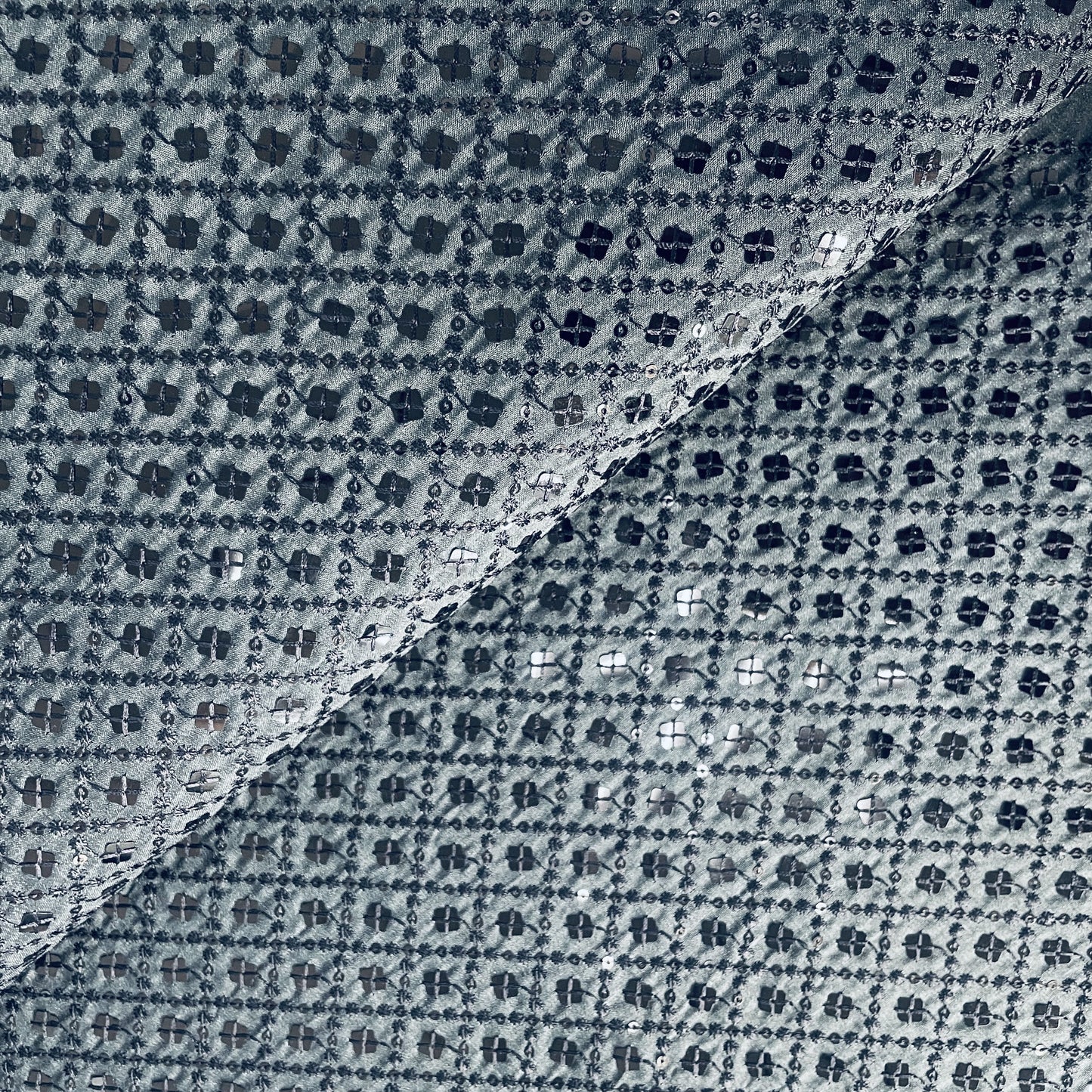 Light Grey Sequins Embroidery Russian Silk Fabric 19687