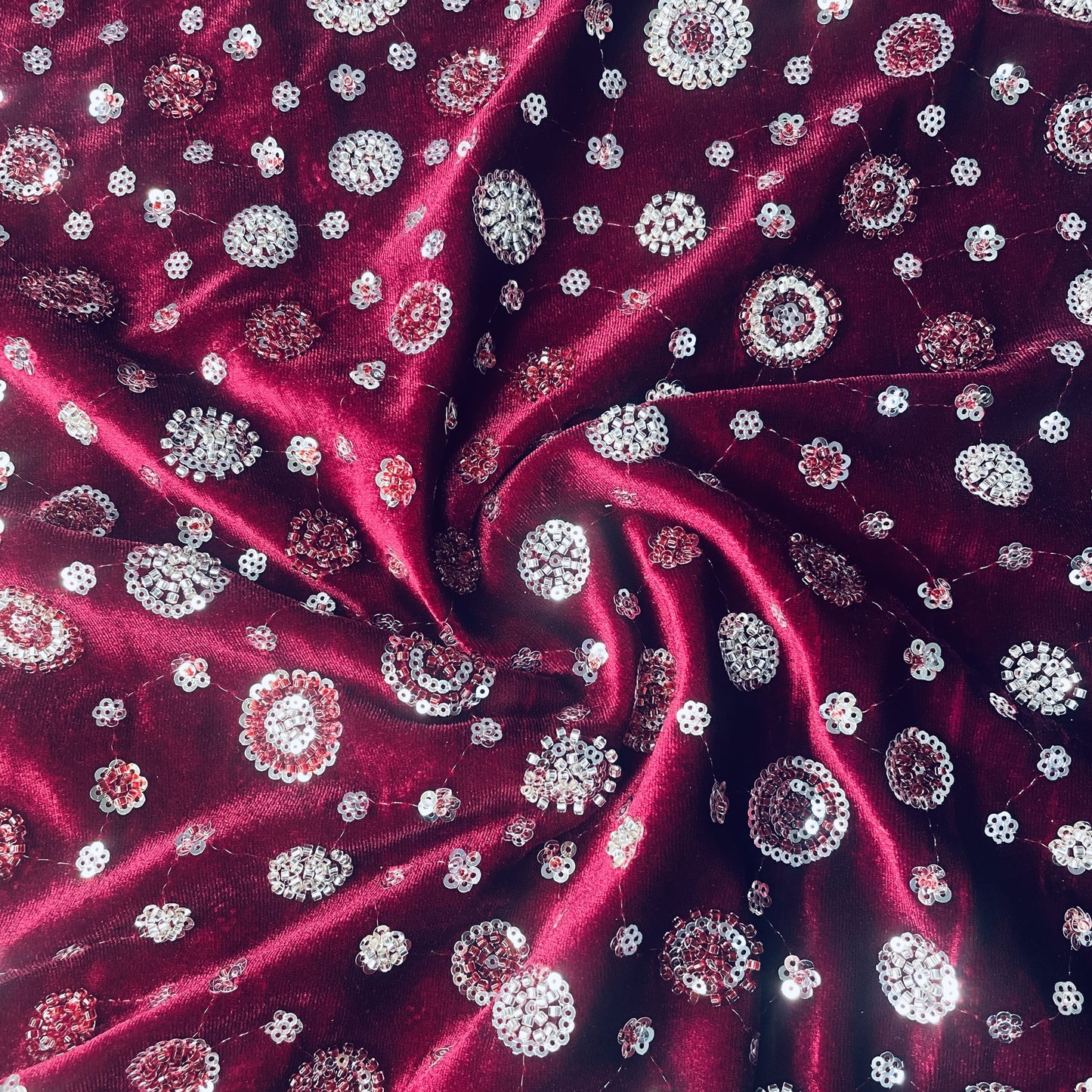 Maroon Cutdana Sequins Embroidery Valvet Fabric 19706
