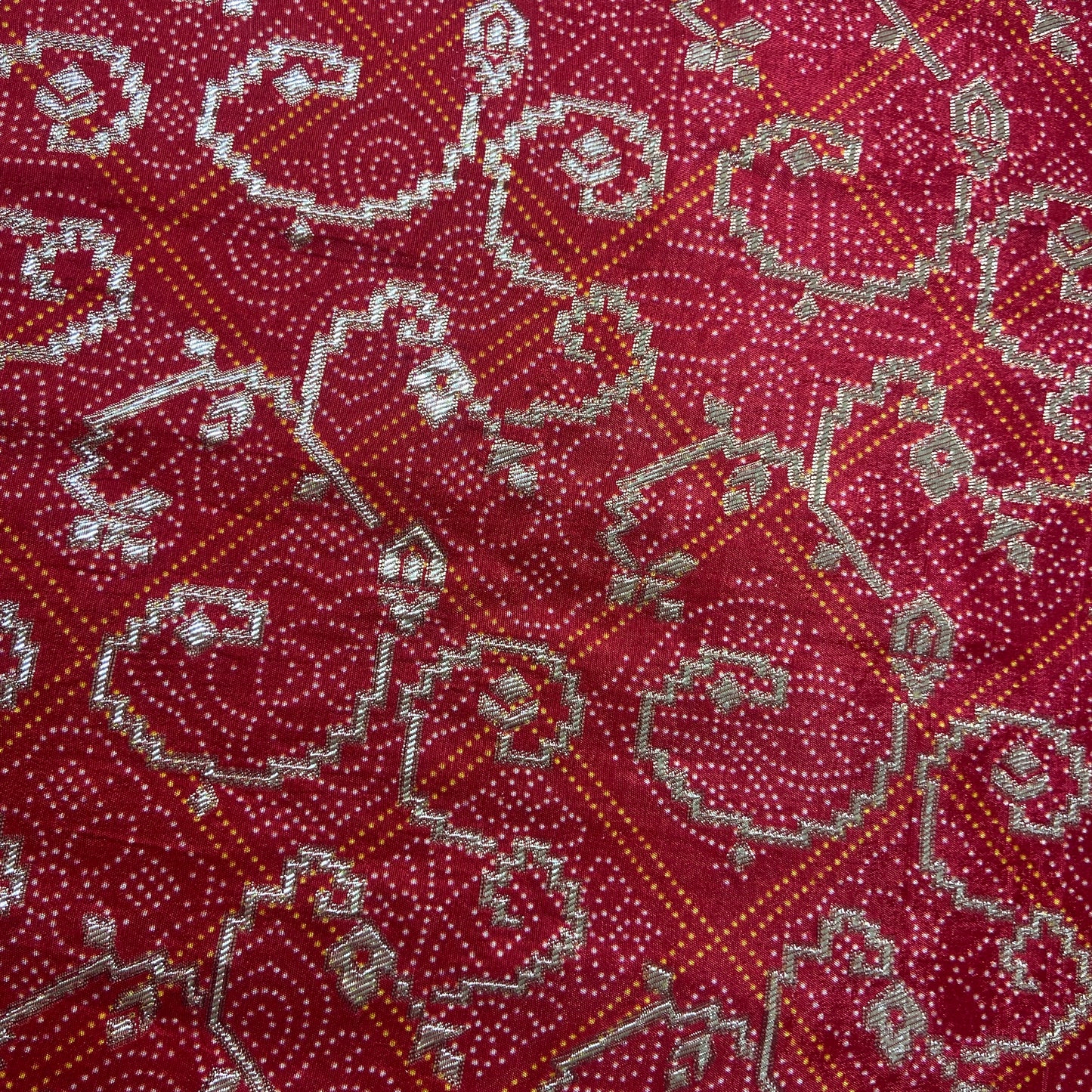Red Bandhani Print Dola Silk Fabric