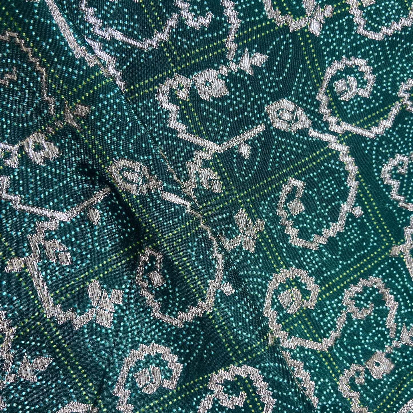 Dark Green Bandhani Print Dola Silk Fabric