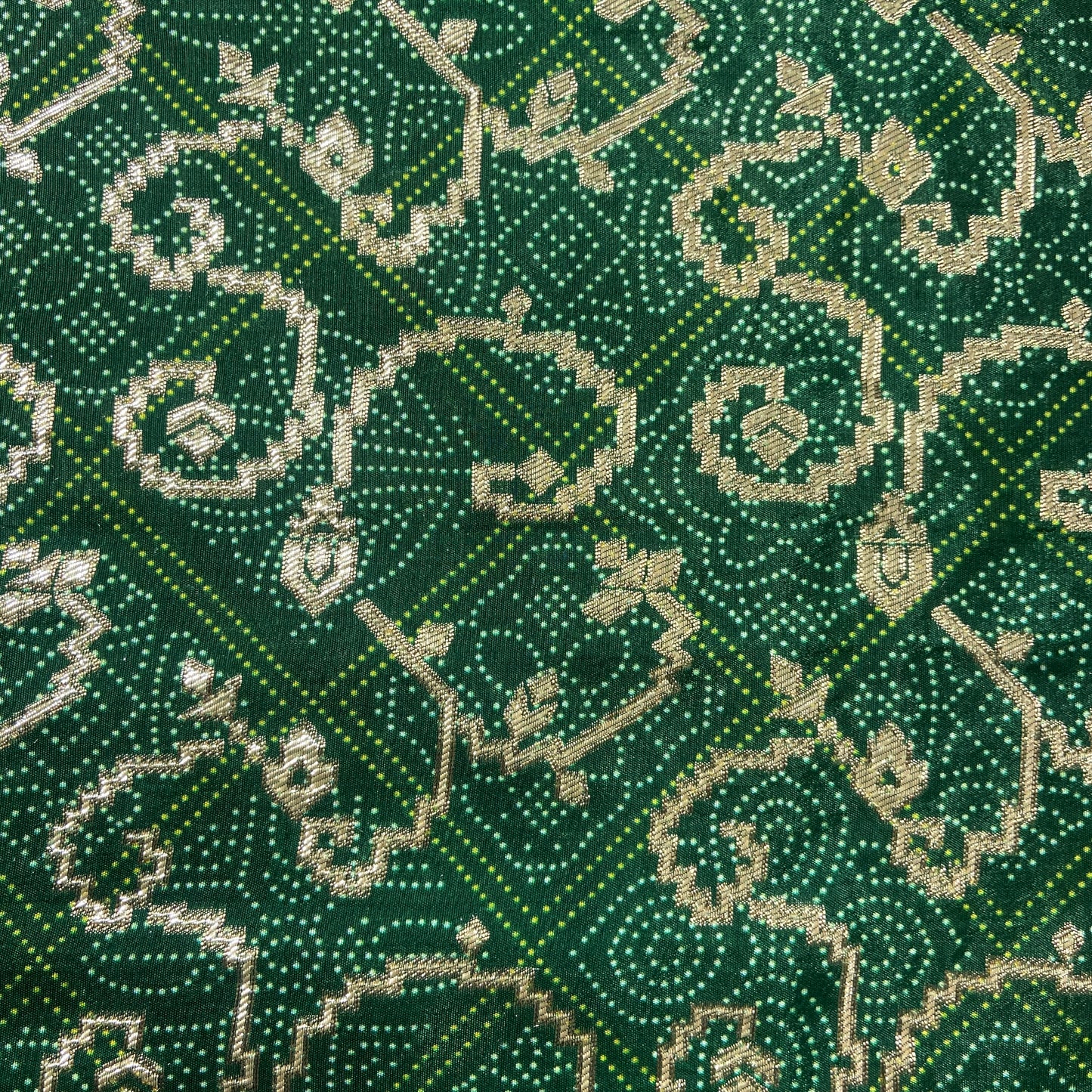 Dark Green Bandhani Print Dola Silk Fabric