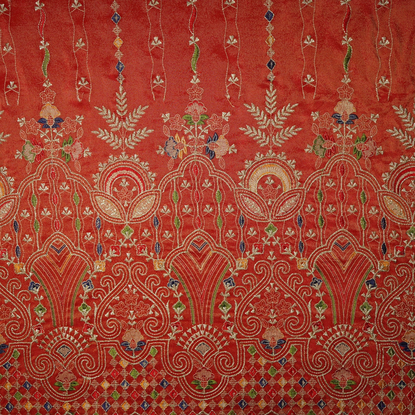 Orange Thread Embroidery Viscose Zari Tissue Fabric 19895