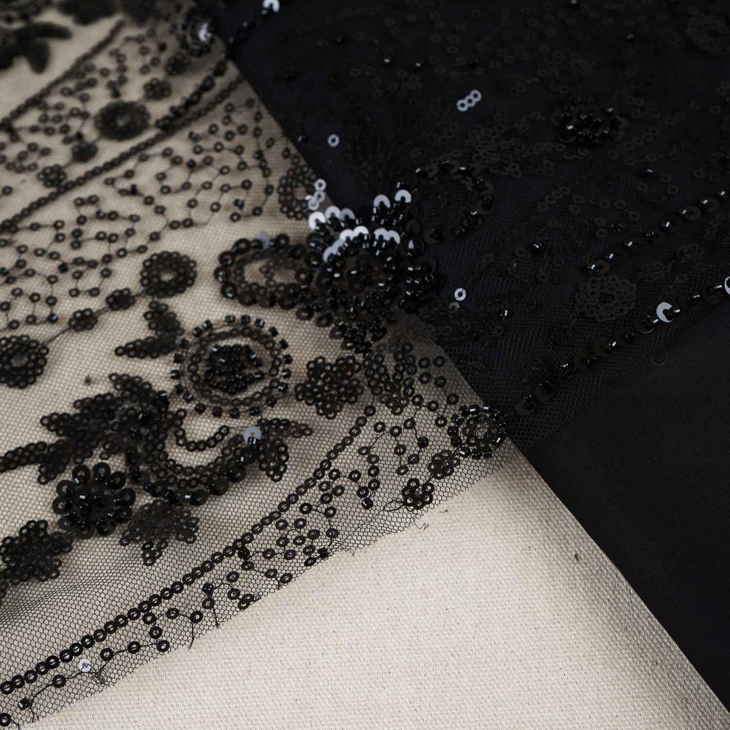 Black Cutdana Sequins Embroidery Net Fabric 19900