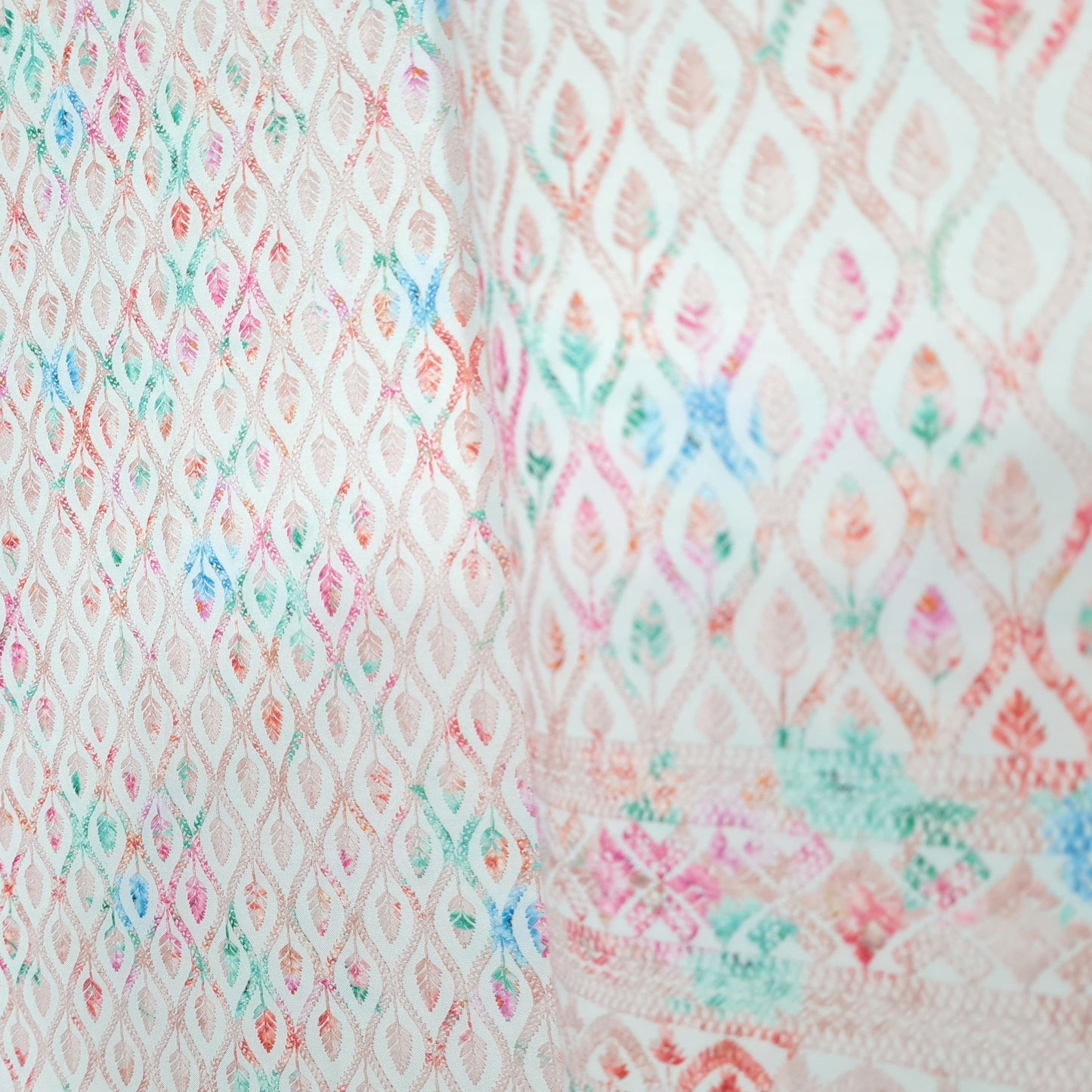 Peach Pink Traditional Print Cotton Blended Fabric