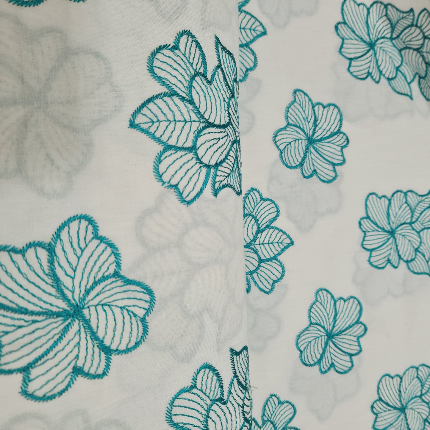 White & Green Floral Thread Embroidery Cotton Fabric - TradeUNO