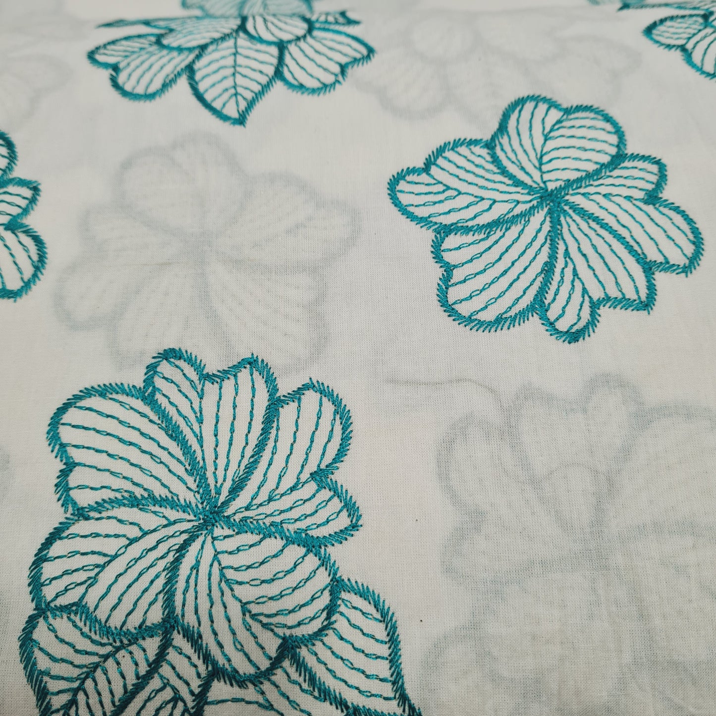 White & Green Floral Thread Embroidery Cotton Fabric - TradeUNO