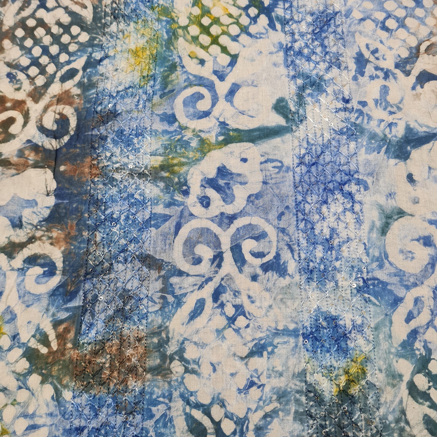 Blue Batik Print Sequence Embroidery Cotton Fabric - TradeUNO