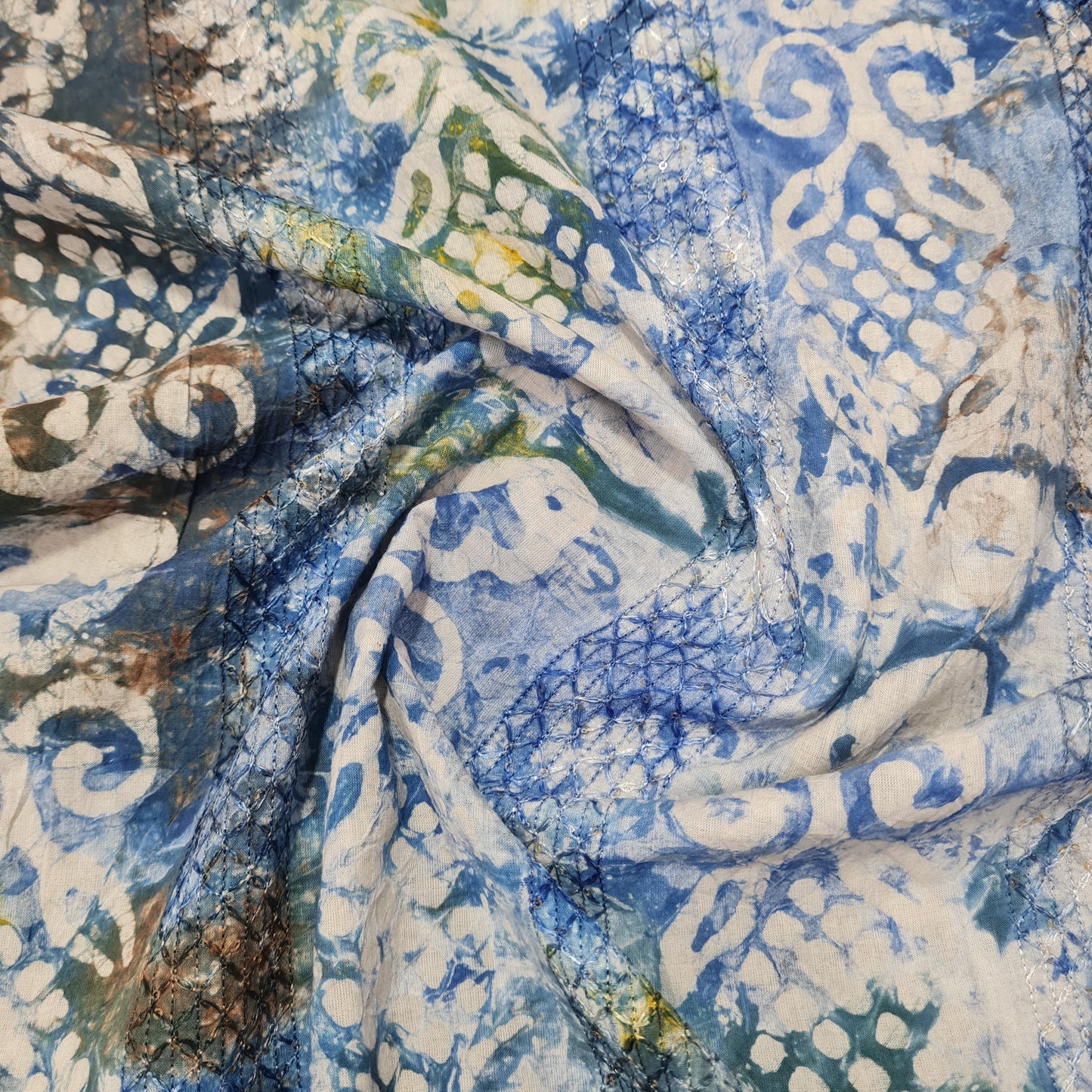 Blue Batik Print Sequence Embroidery Cotton Fabric - TradeUNO
