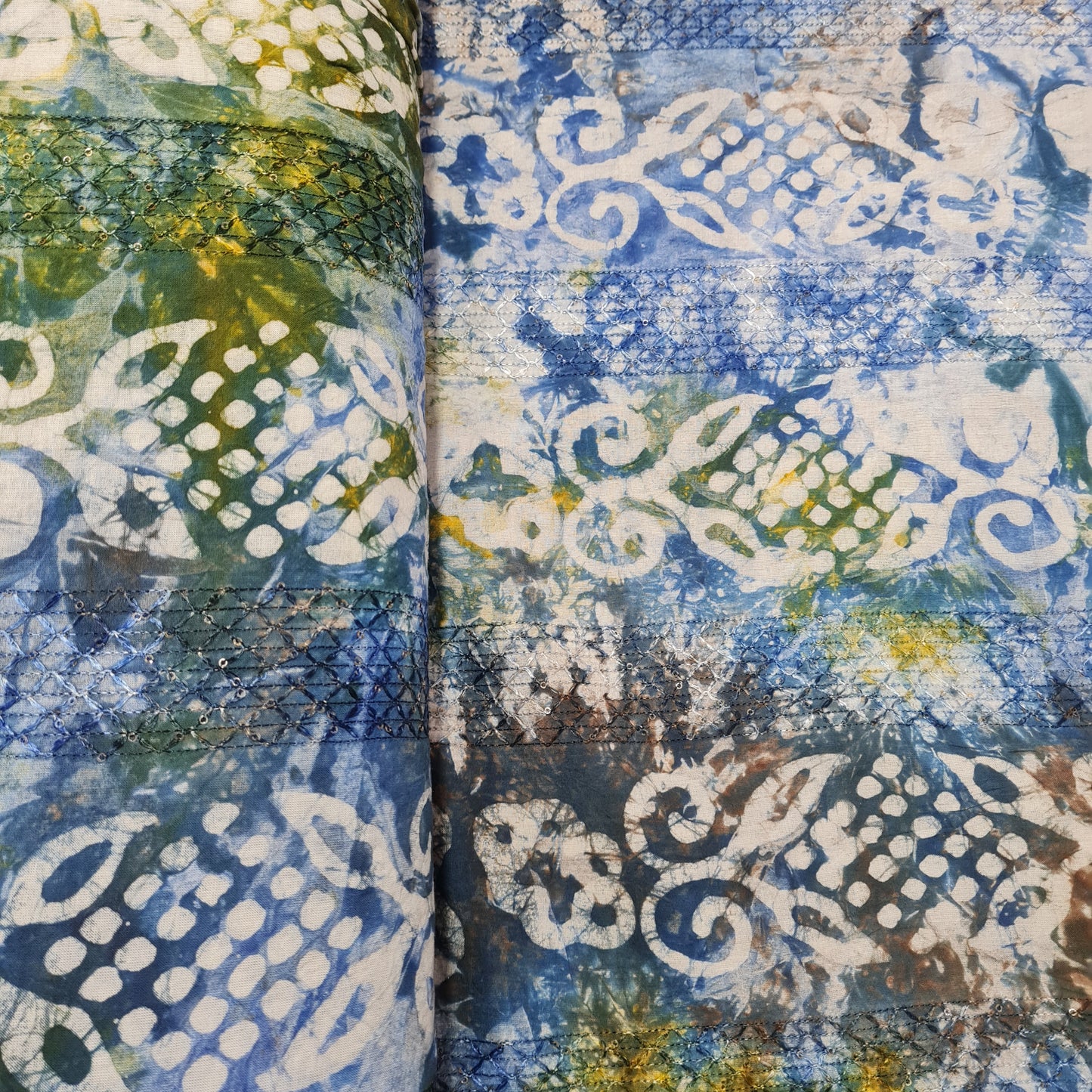 Blue Batik Print Sequence Embroidery Cotton Fabric - TradeUNO