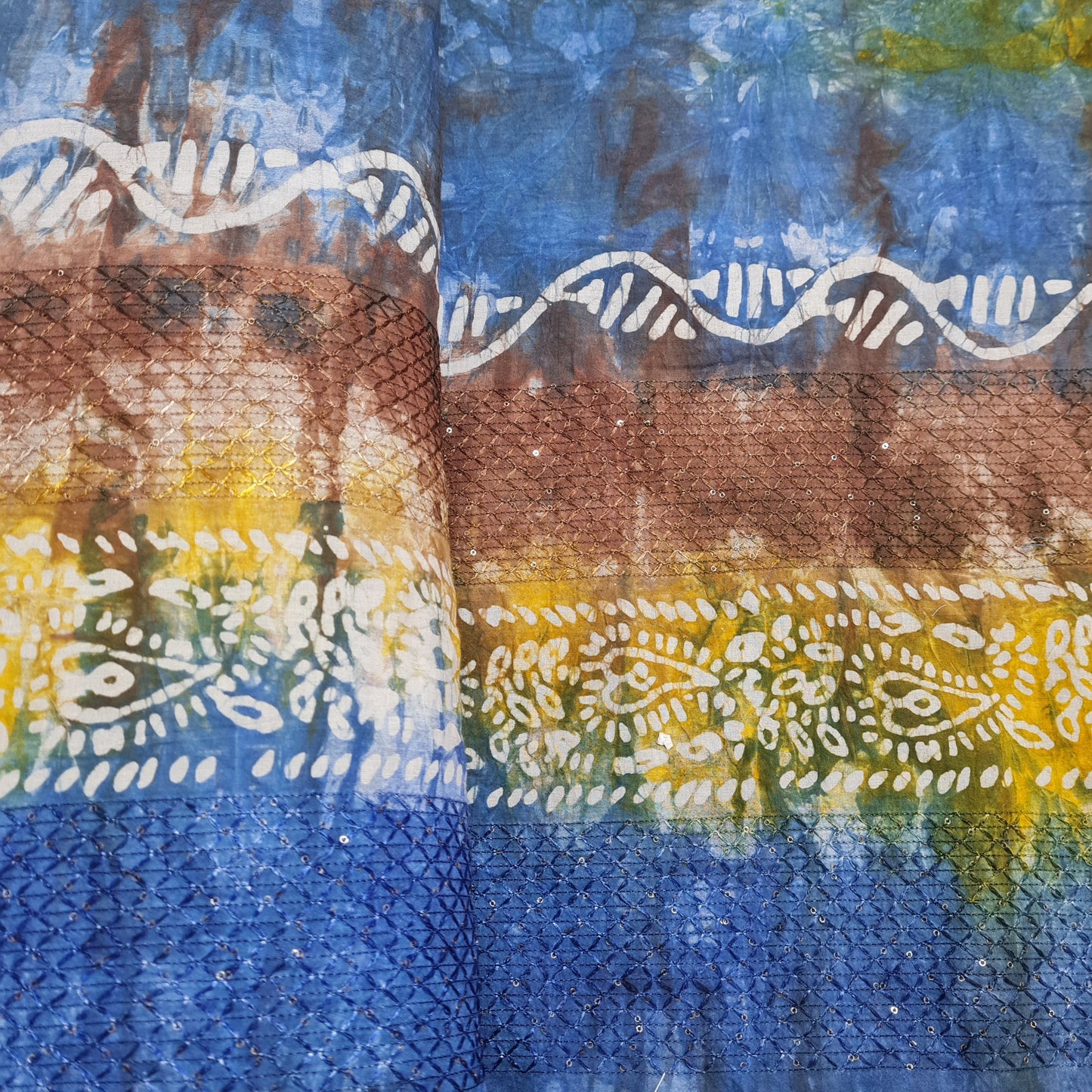 Blue Batik Print Sequence Embroidery Cotton Fabric - TradeUNO