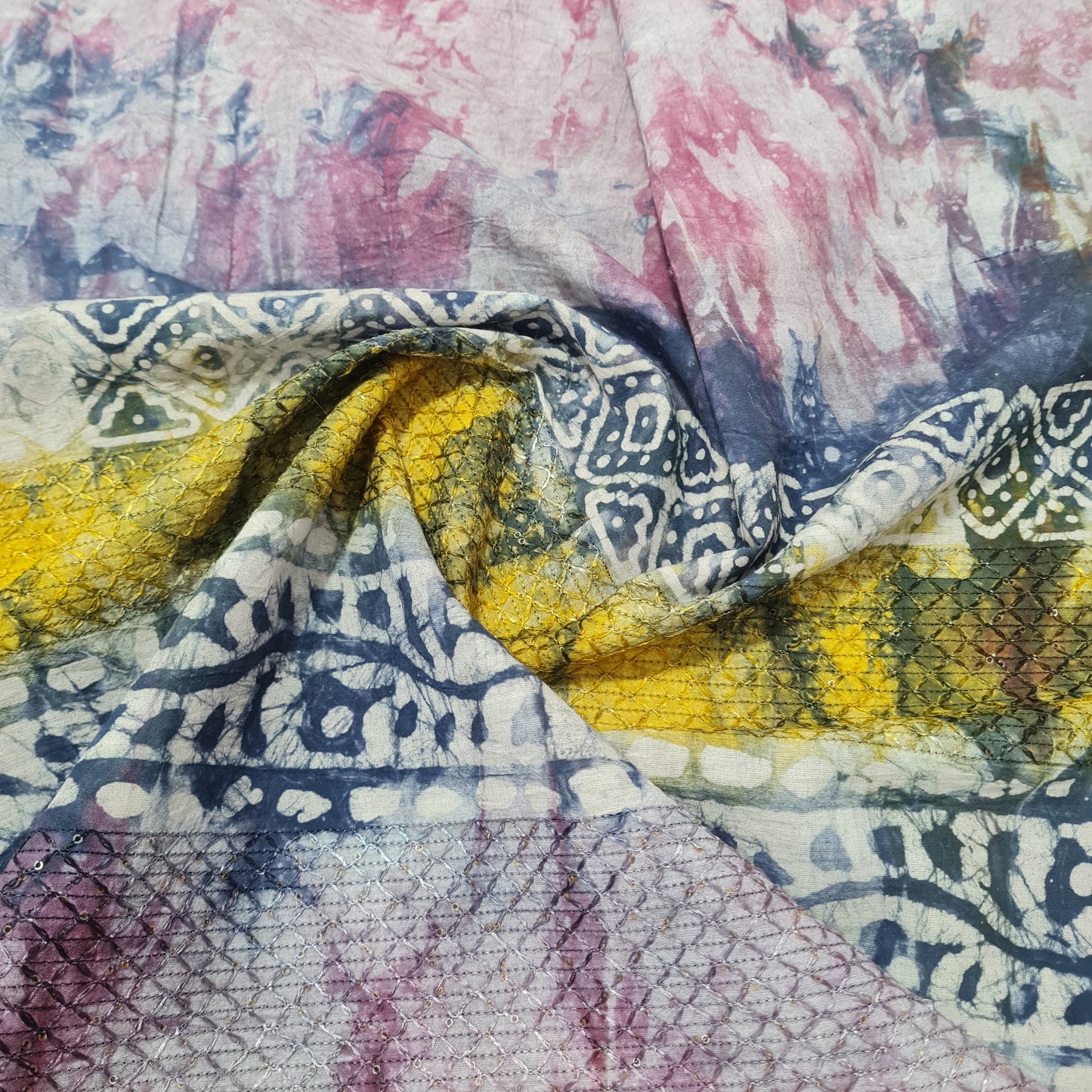 Pink Batik Print Sequence Embroidery Cotton Fabric - TradeUNO
