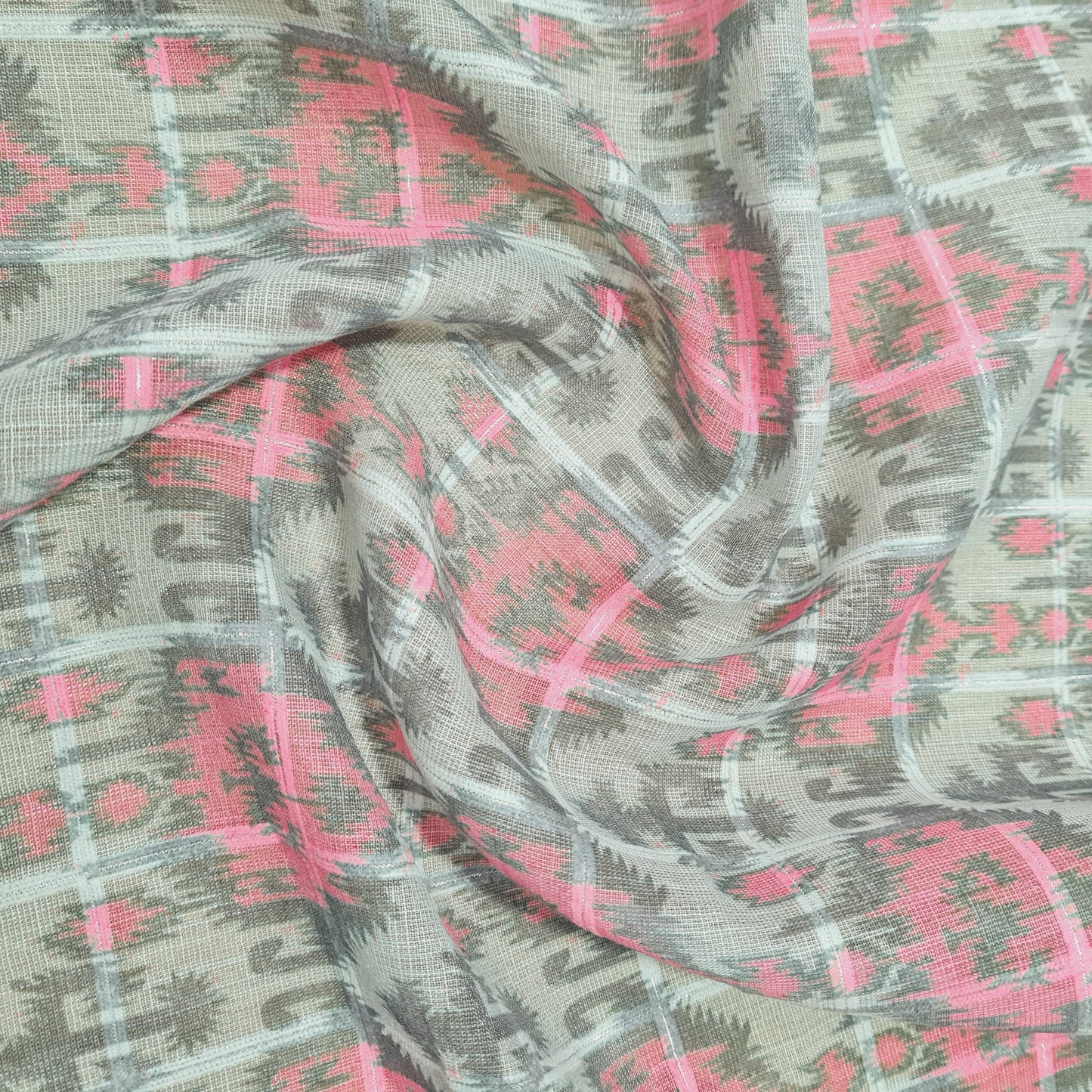 Grey & Pink Geometrical With Lurex Linen Fabric - TradeUNO