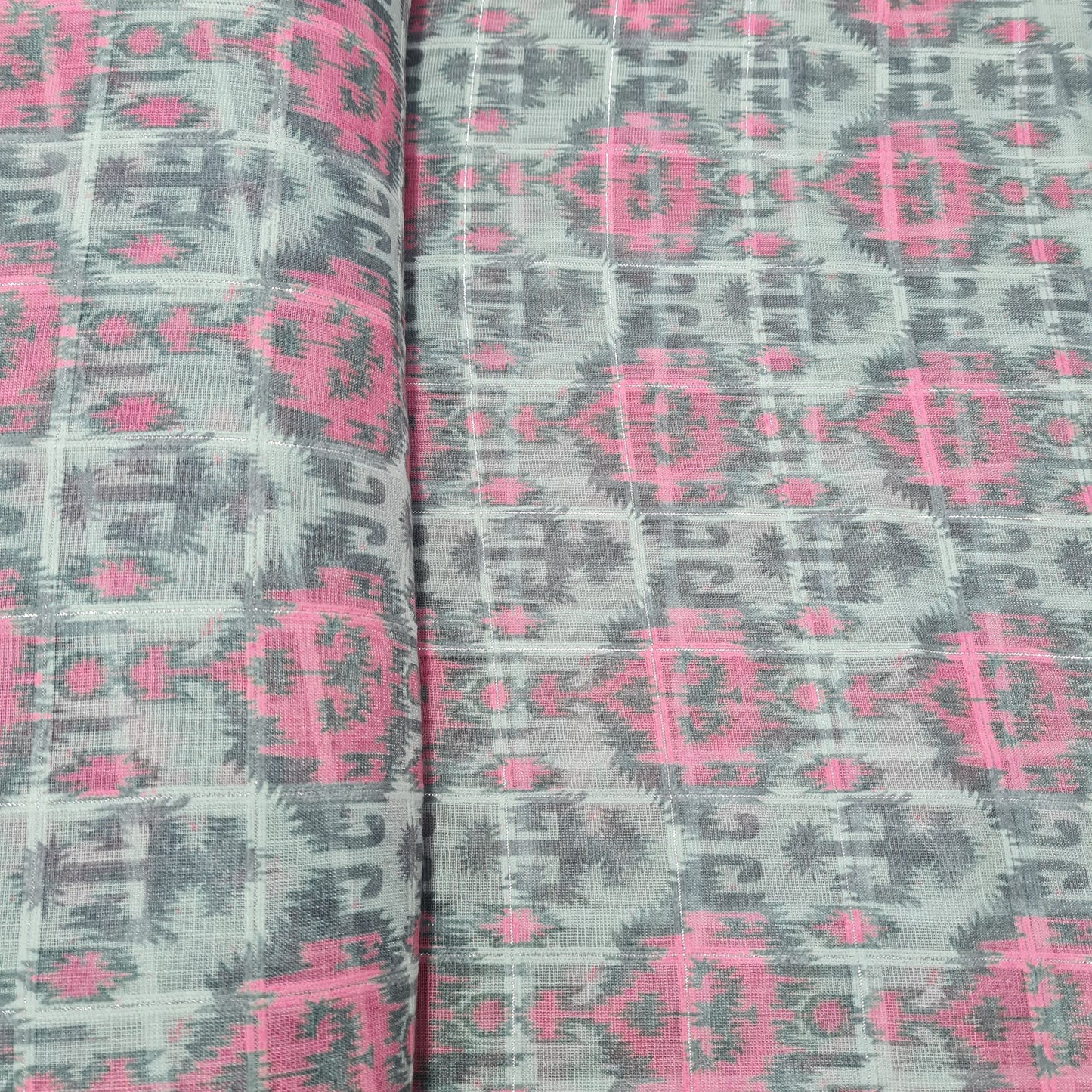 Grey & Pink Geometrical With Lurex Linen Fabric - TradeUNO