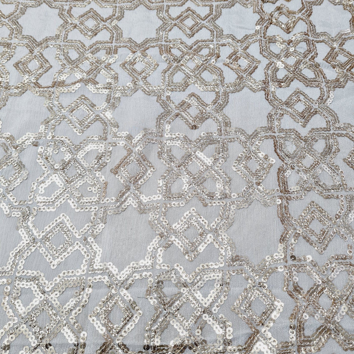 Off White & Gold Sequence Embroidery Dyeable Chinnon Fabric - TradeUNO