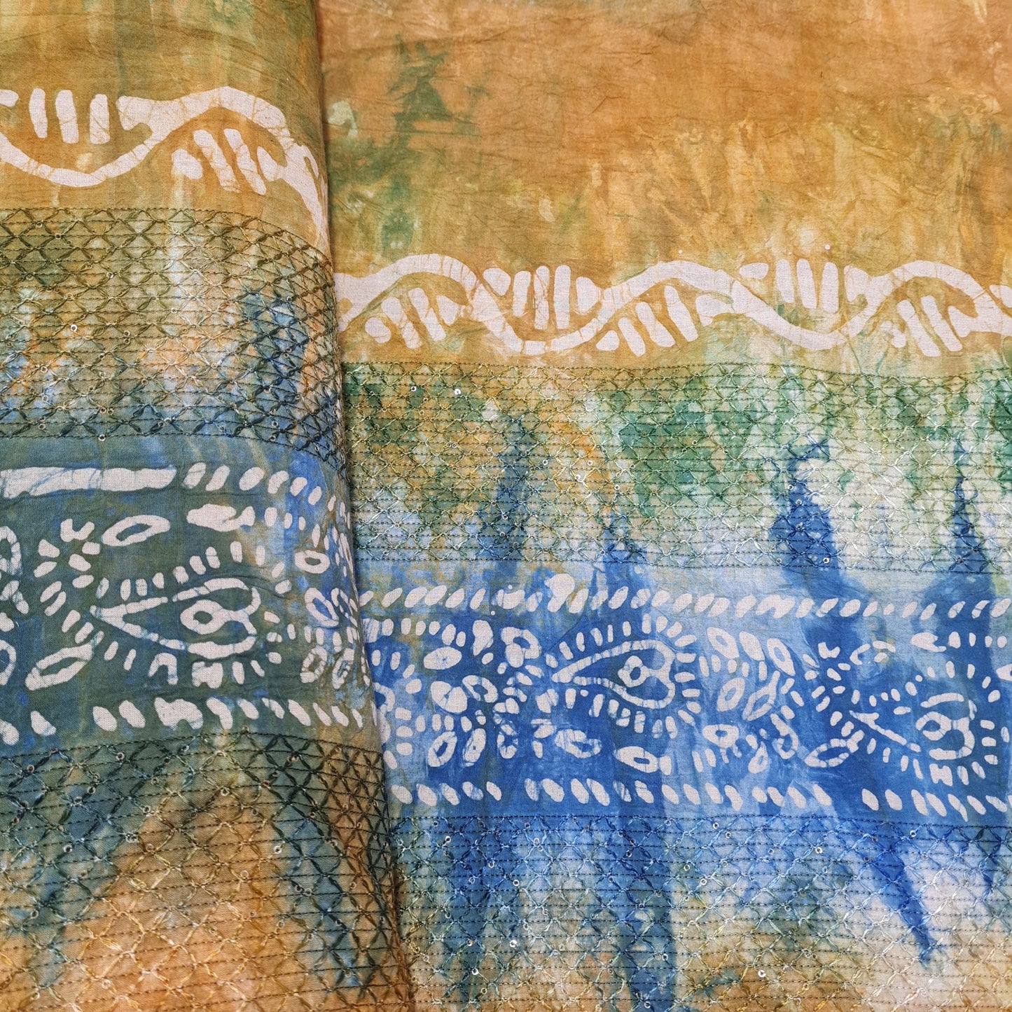 Orange Batik Print Sequence Embroidery Cotton Fabric - TradeUNO