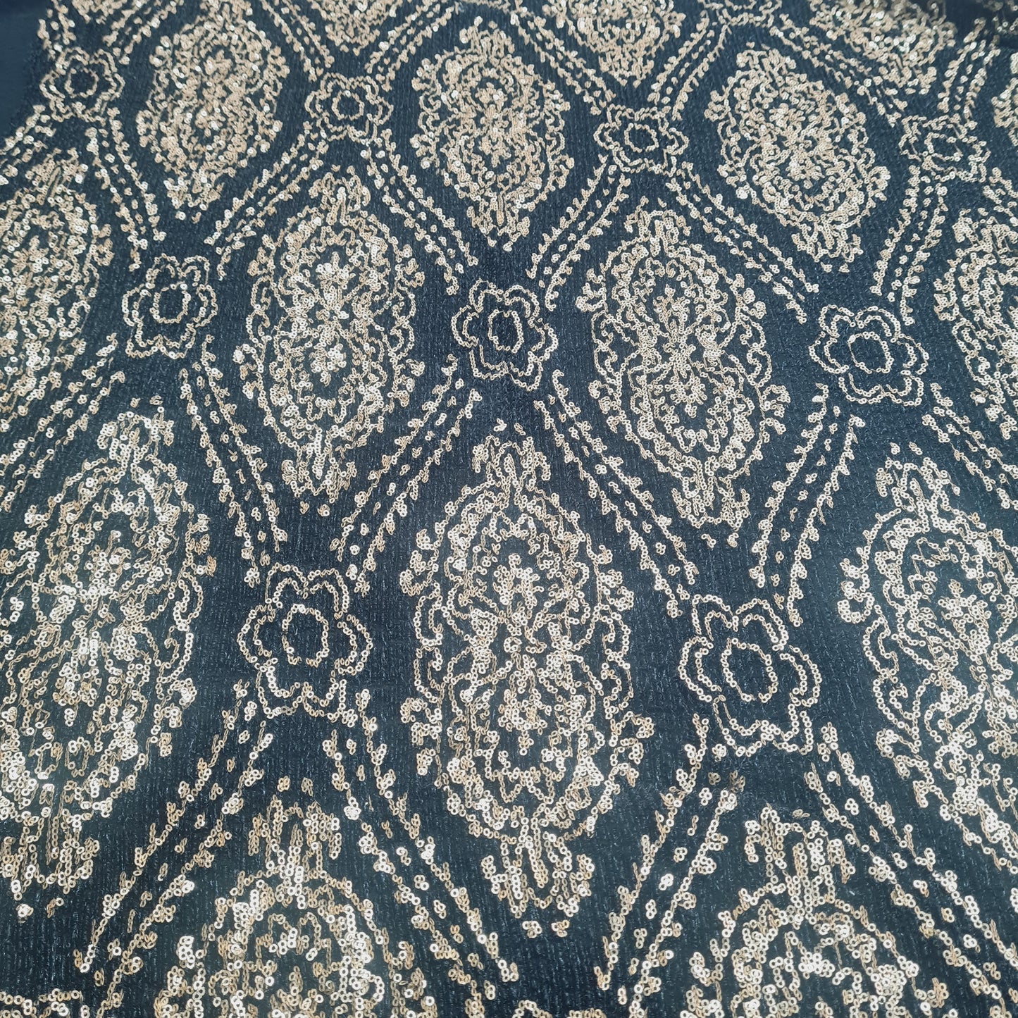 Black With Gold Sequence Embroidery Lycra Net Fabric - TradeUNO