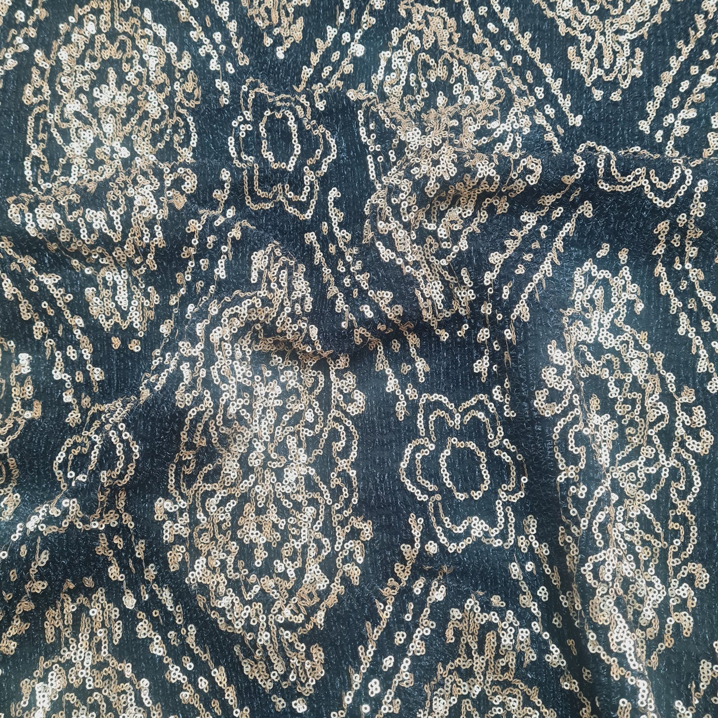 Black With Gold Sequence Embroidery Lycra Net Fabric - TradeUNO