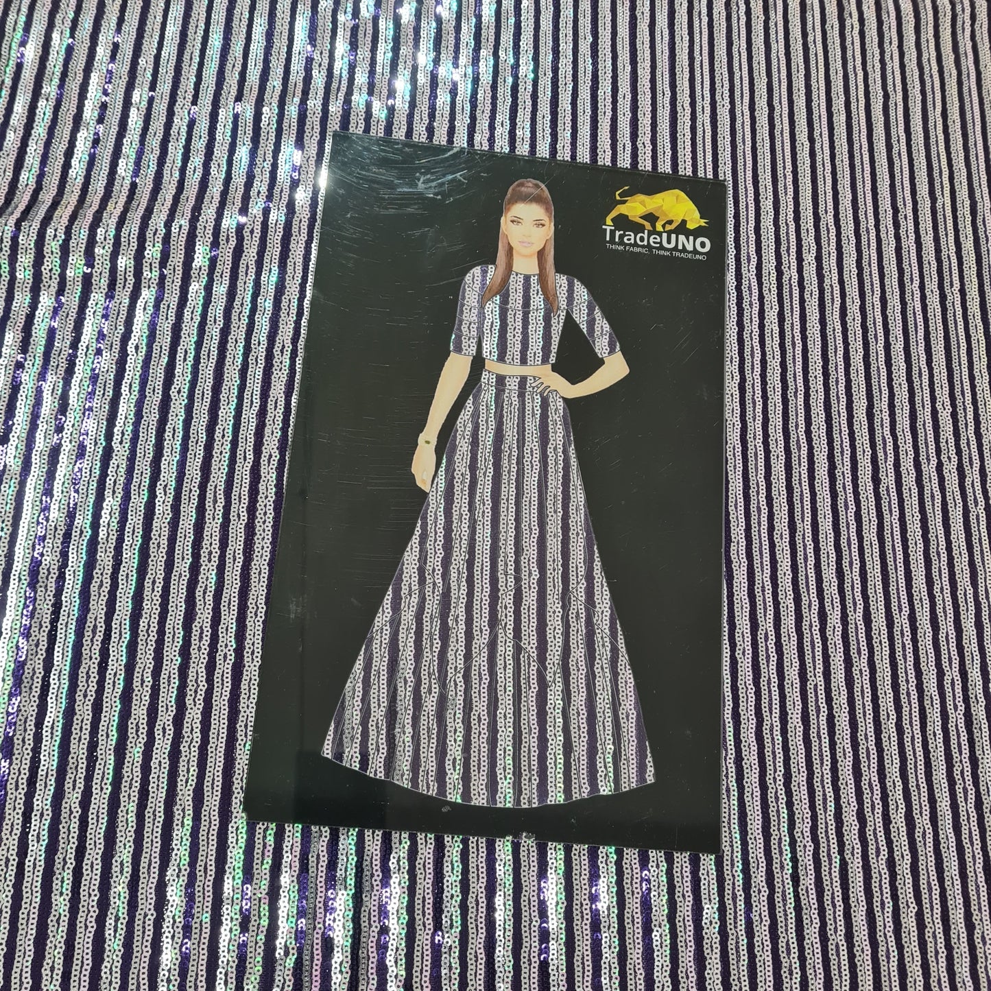 Purple With Silver Stripe Sequence Embroidery Net Fabric - TradeUNO