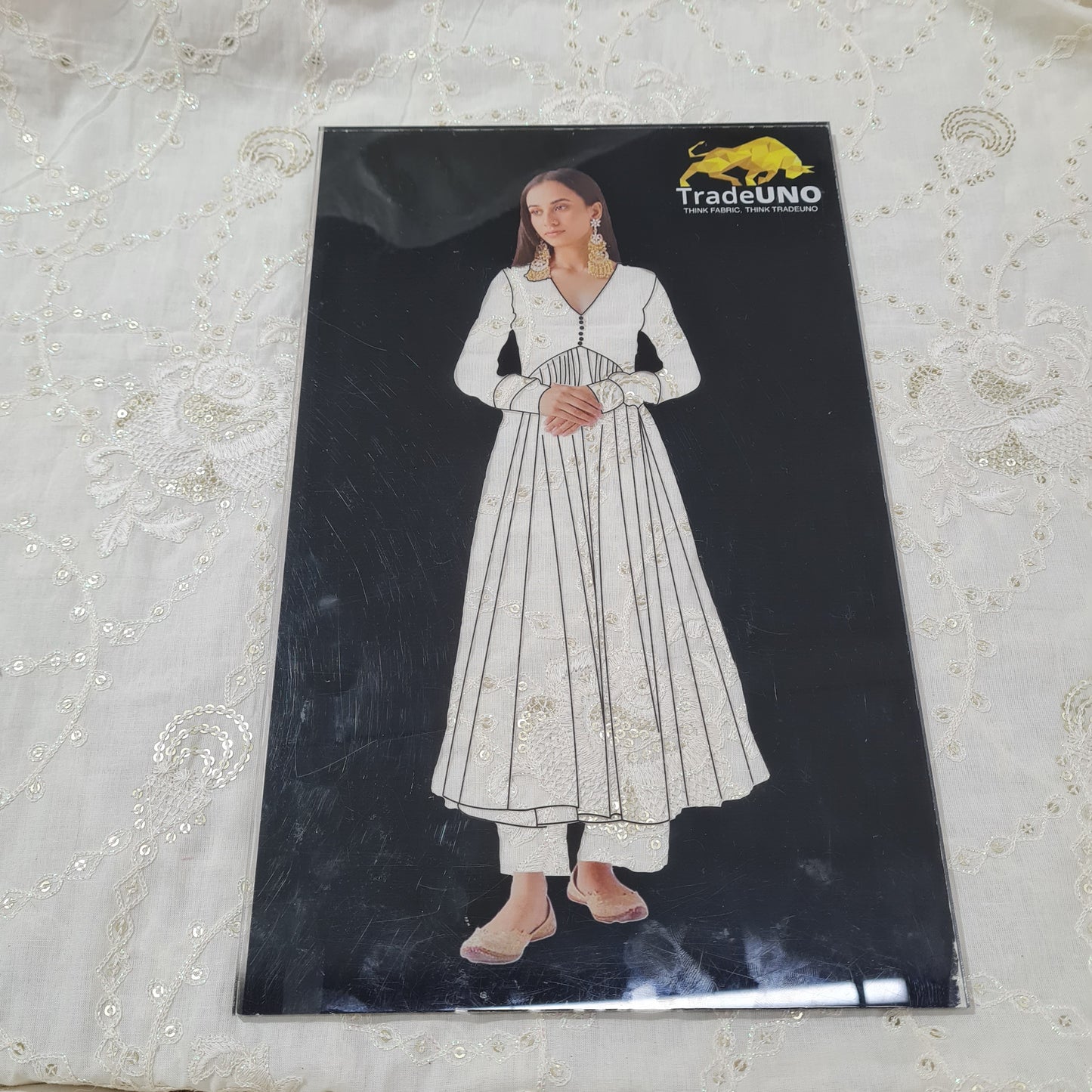 Off White Floral Sequence Embroidery Dyeable Cotton Fabric - TradeUNO