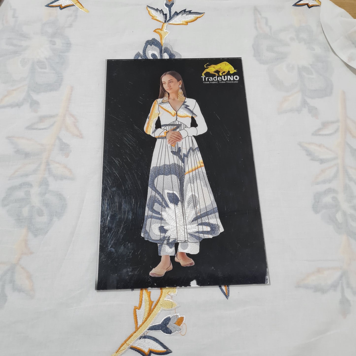 White & Grey Floral Embroidery Cotton Fabric - TradeUNO