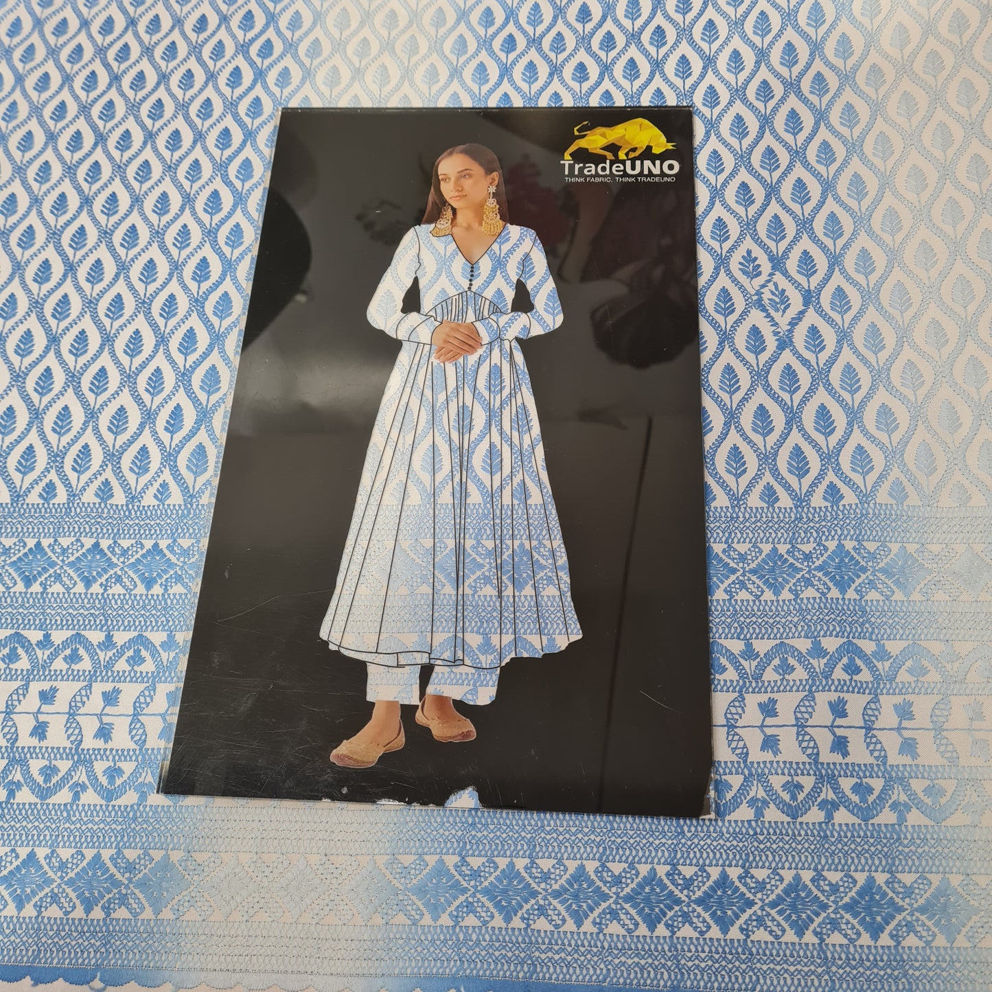 White & Blue Traditioanl Print Print Cotton Blended Fabric - TradeUNO