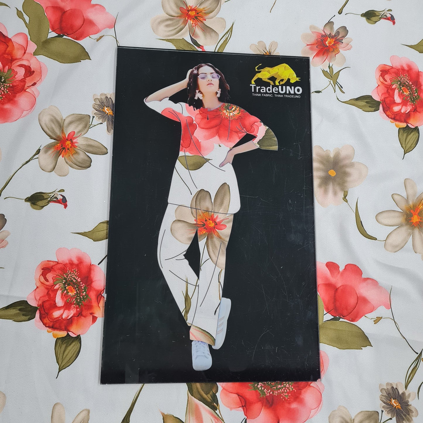 Peach Floral Print Poly Satin Twill Fabric - TradeUNO