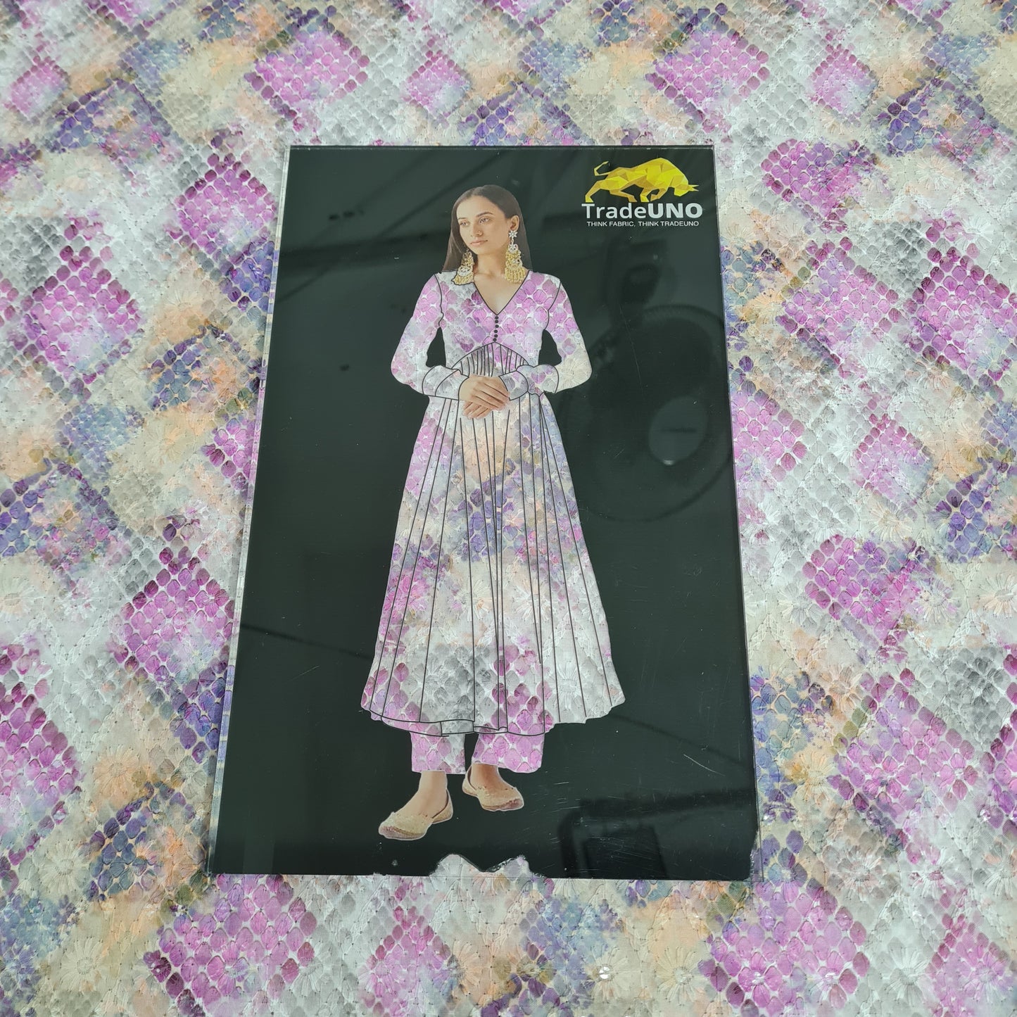 Grey & Multicolor Geometerical Print Sequins Embroidery Blended Cotton Fabric