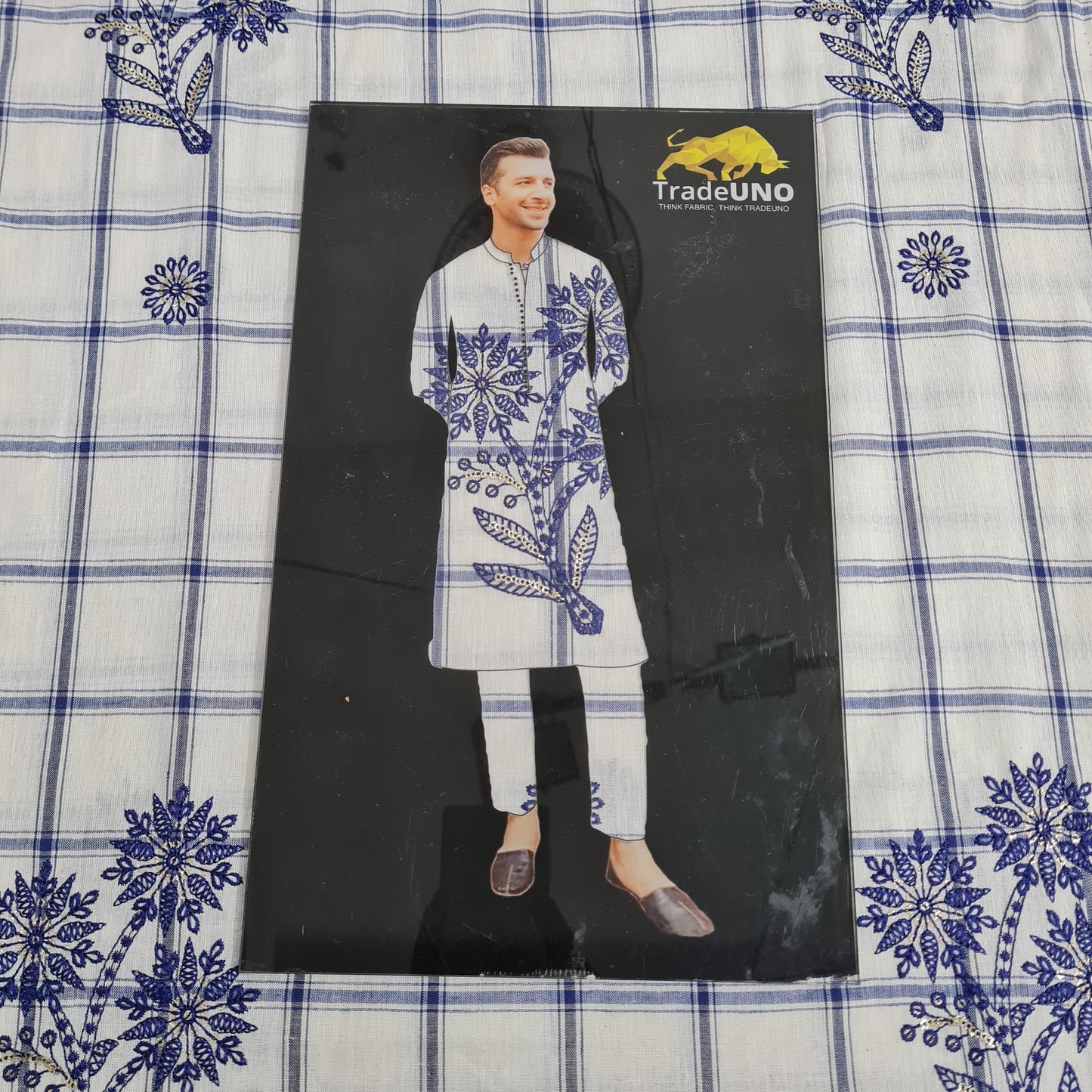 White & Purple Check & Floral Sequence Thread Embroidery - TradeUNO