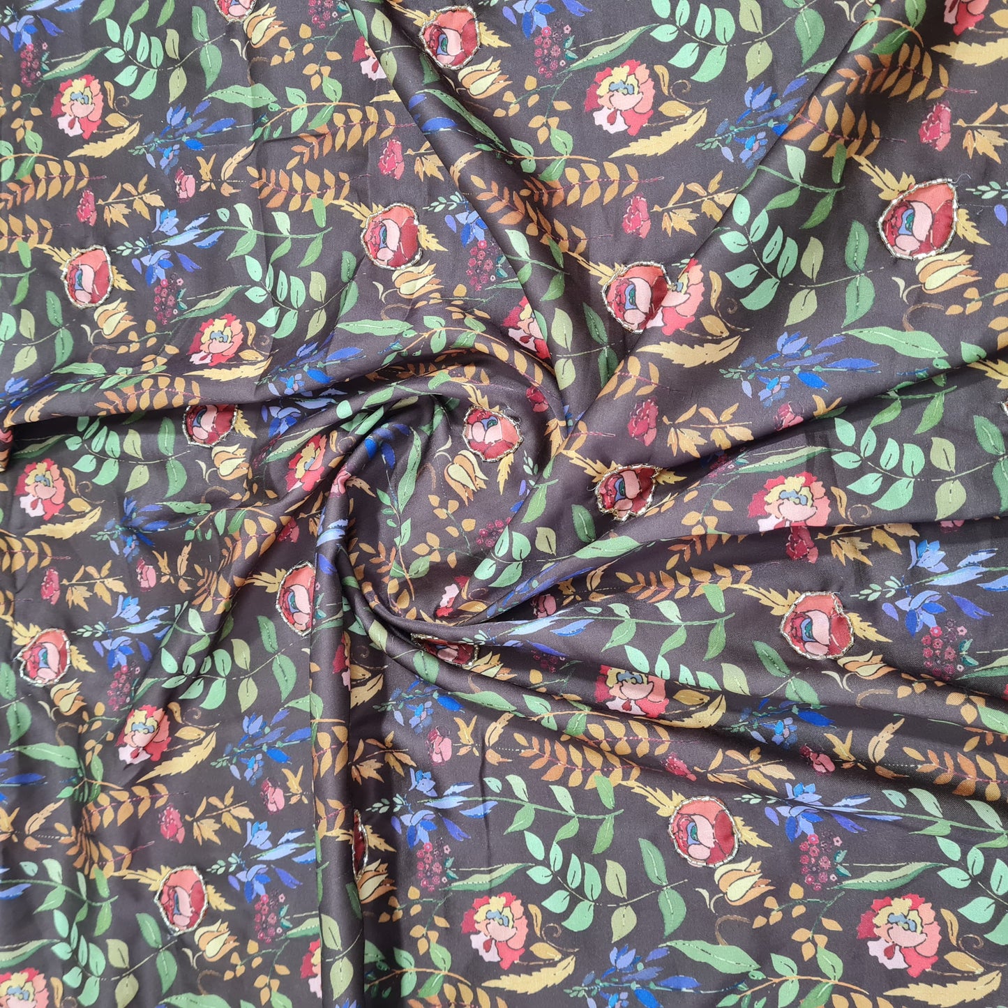 Mehandi Green Floral Hand Embroidery Modal Satin Fabric - TradeUNO