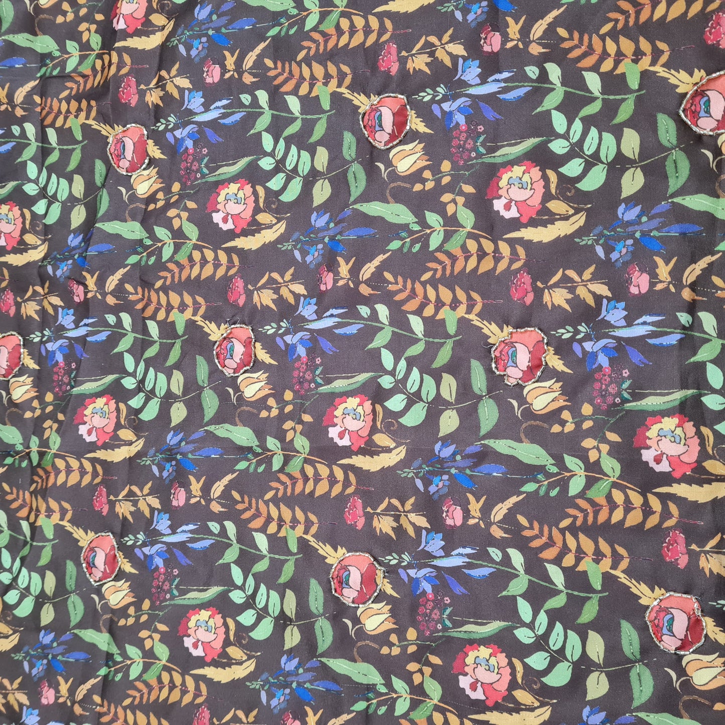 Mehandi Green Floral Hand Embroidery Modal Satin Fabric - TradeUNO