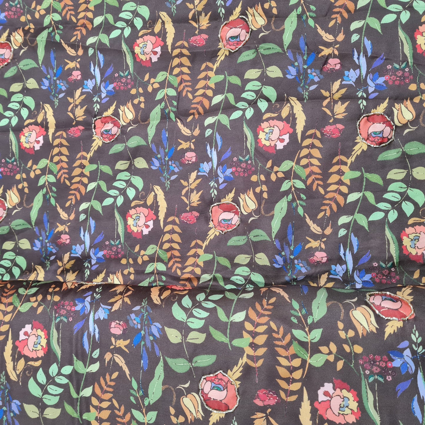Mehandi Green Floral Hand Embroidery Modal Satin Fabric - TradeUNO