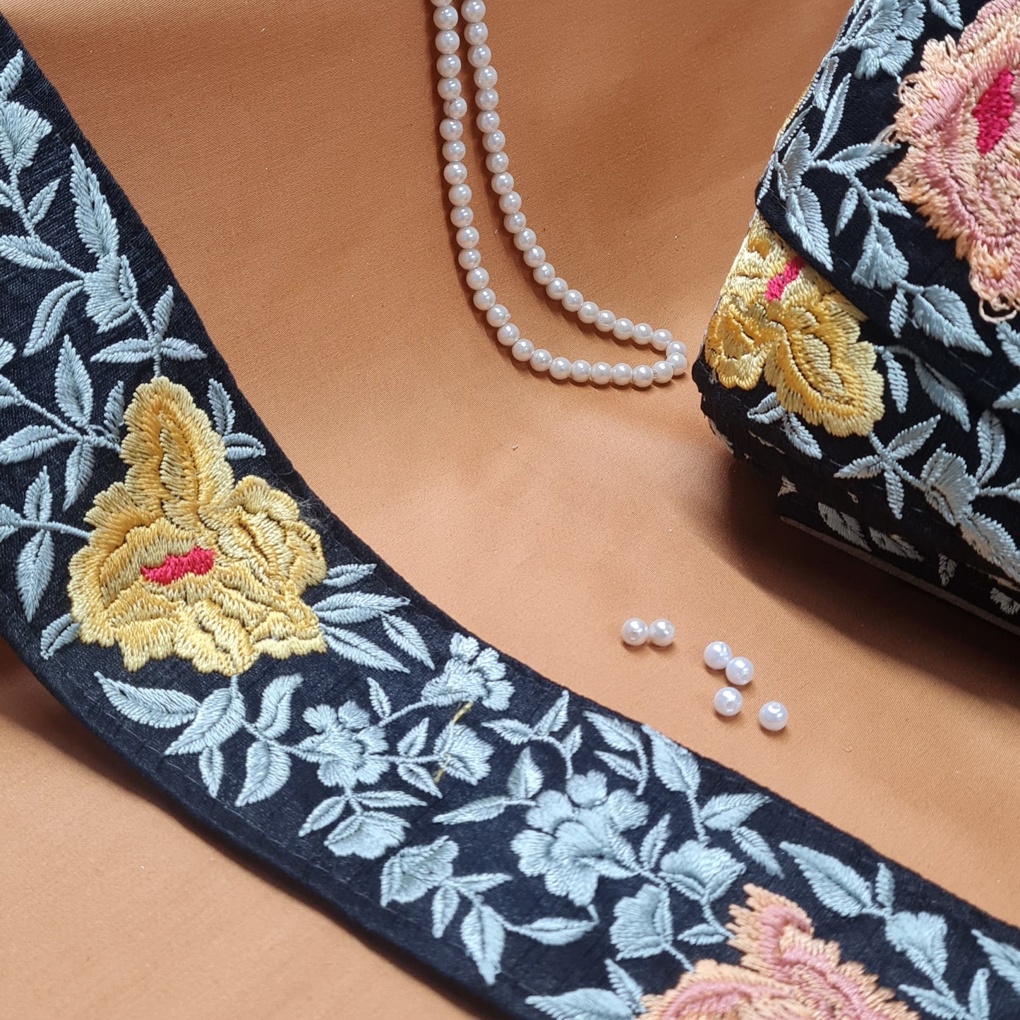 Premium Black Yellow Floral Thread Silk Lace