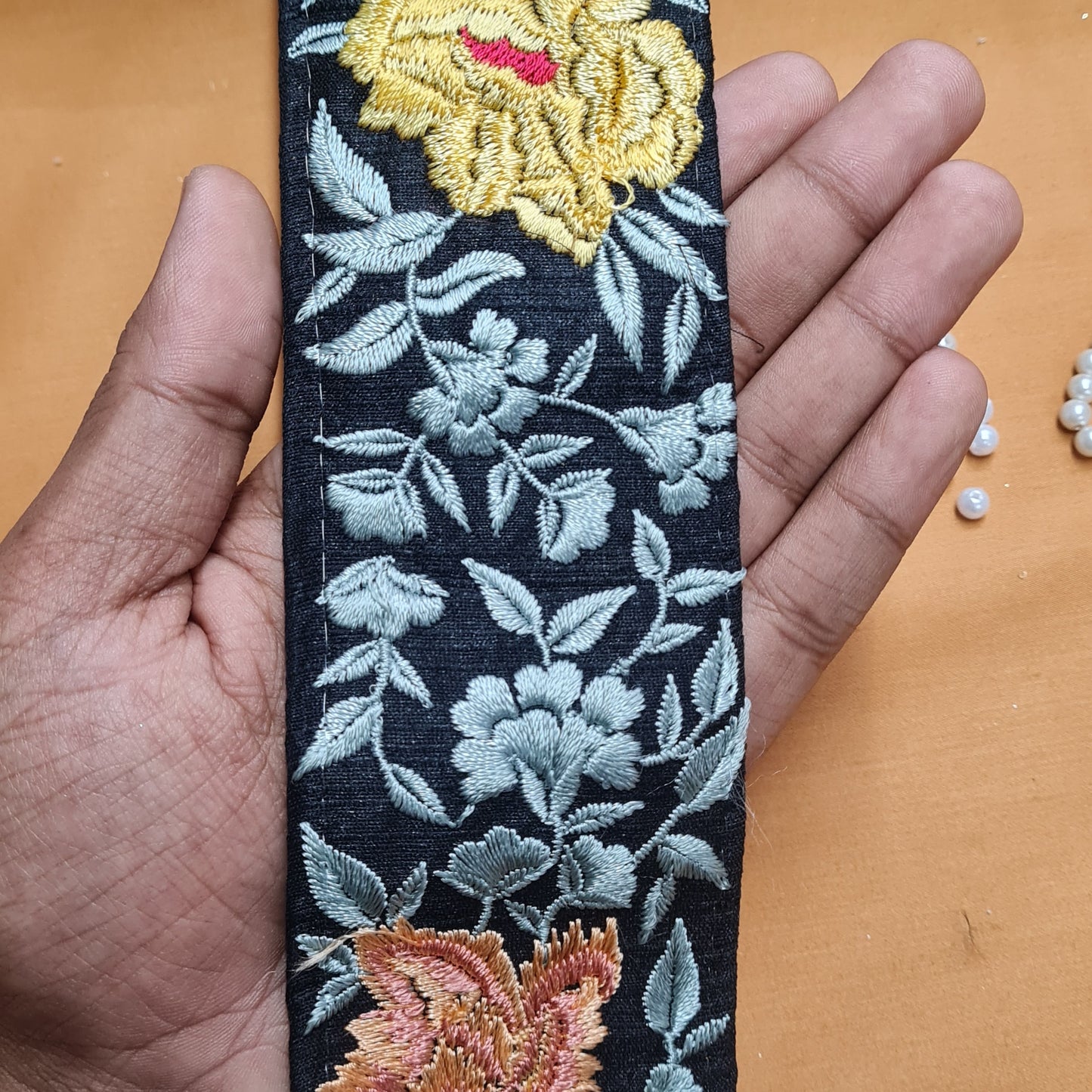 Premium Black Yellow Floral Thread Silk Lace