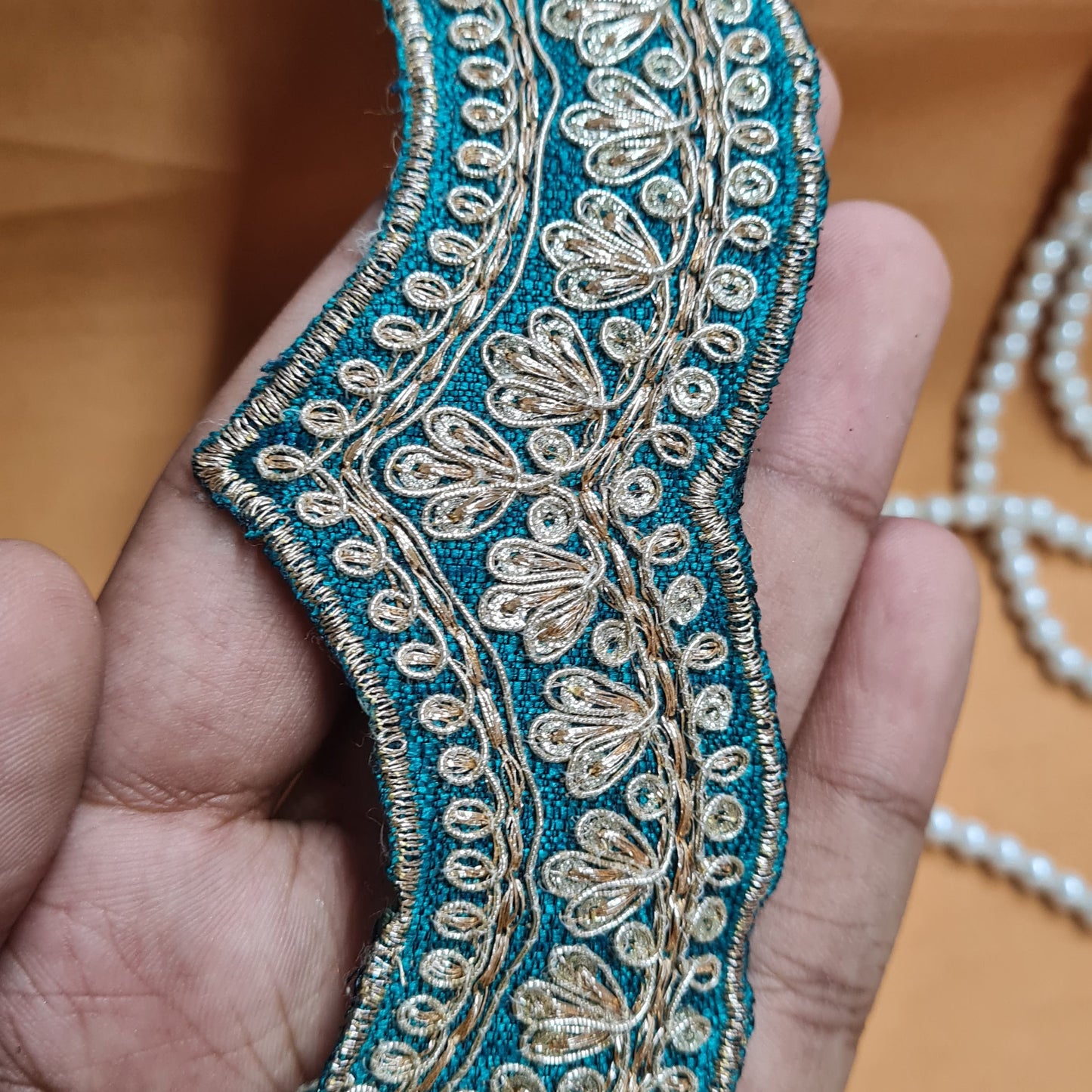 Premium Teal Green Chevron Zari Sequence Silk Lace