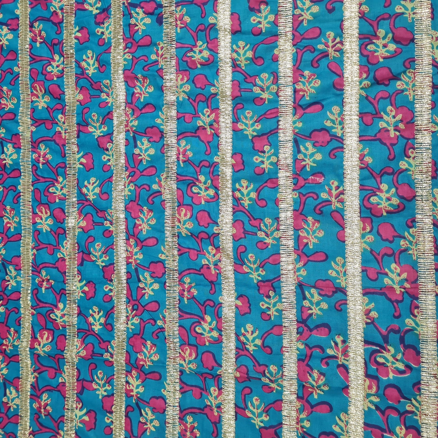 Premium Sky Blue Pink Floral Print Gota Work Cambric Cotton Fabric