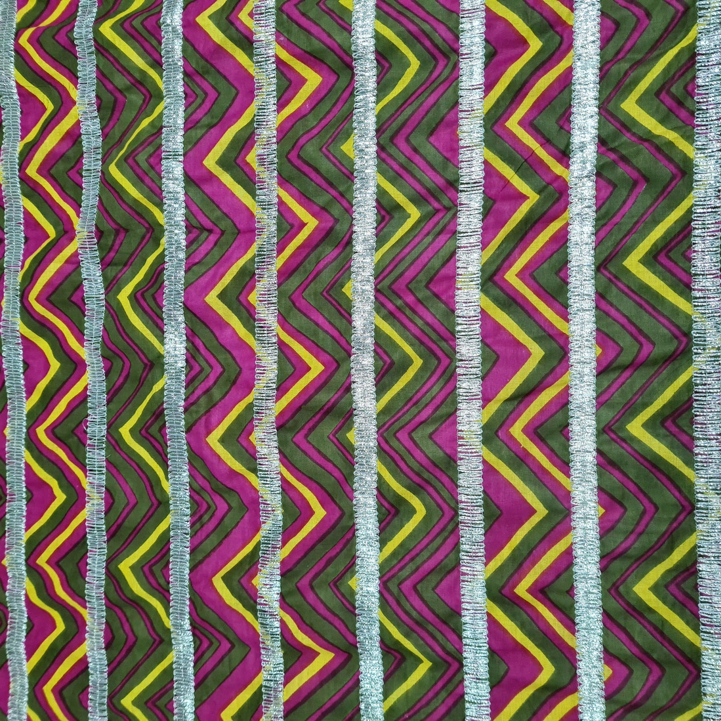 Premium Olive Green Pink Chevron Print Gota Work Cambric Cotton Fabric