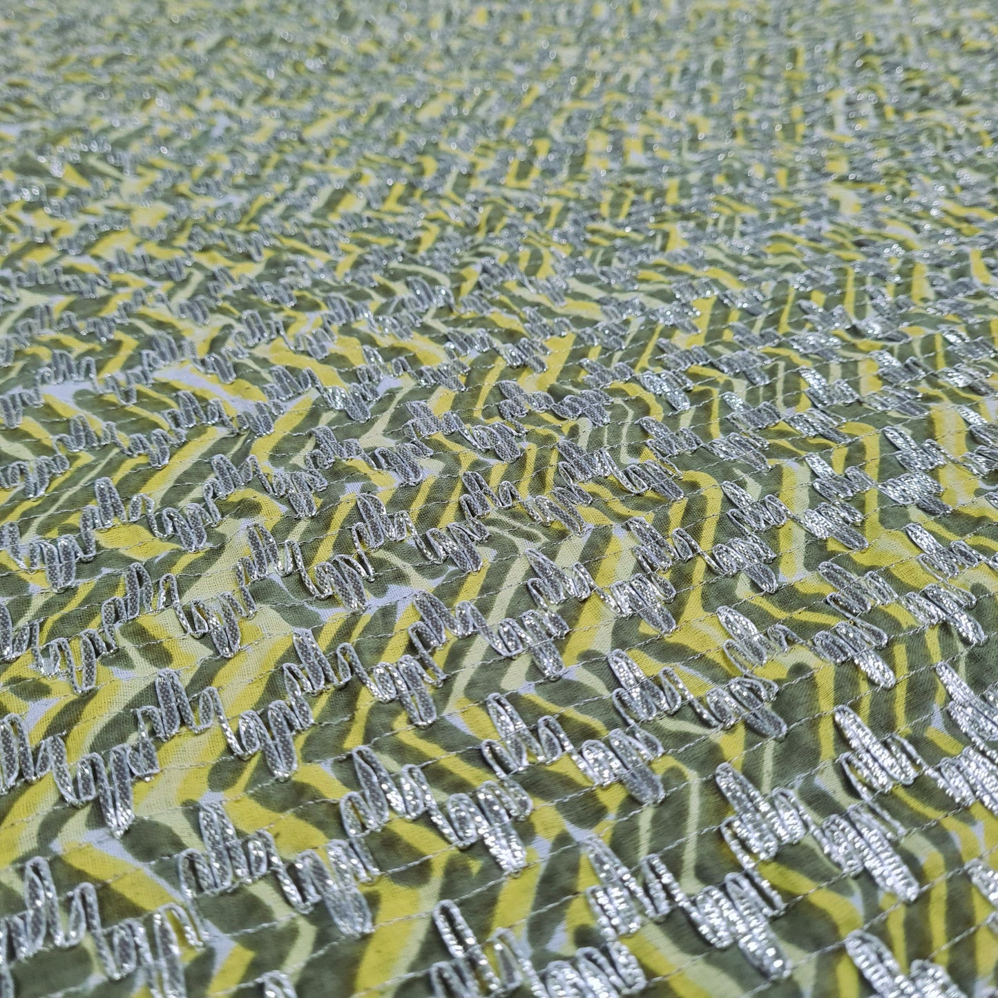 Premium Yellow Olive Green Chevron Print Gota Work Cambric Cotton Fabric
