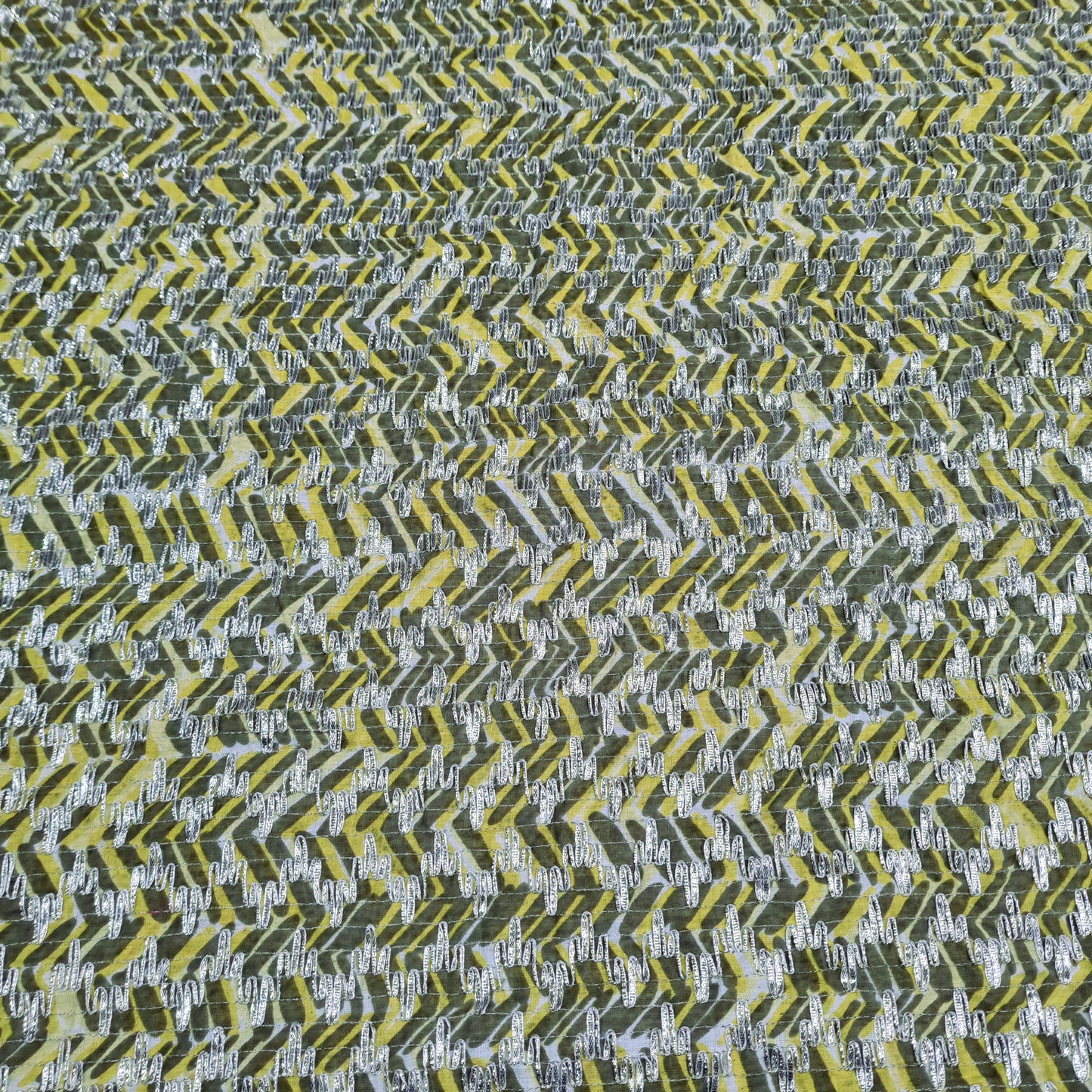 Premium Yellow Olive Green Chevron Print Gota Work Cambric Cotton Fabric