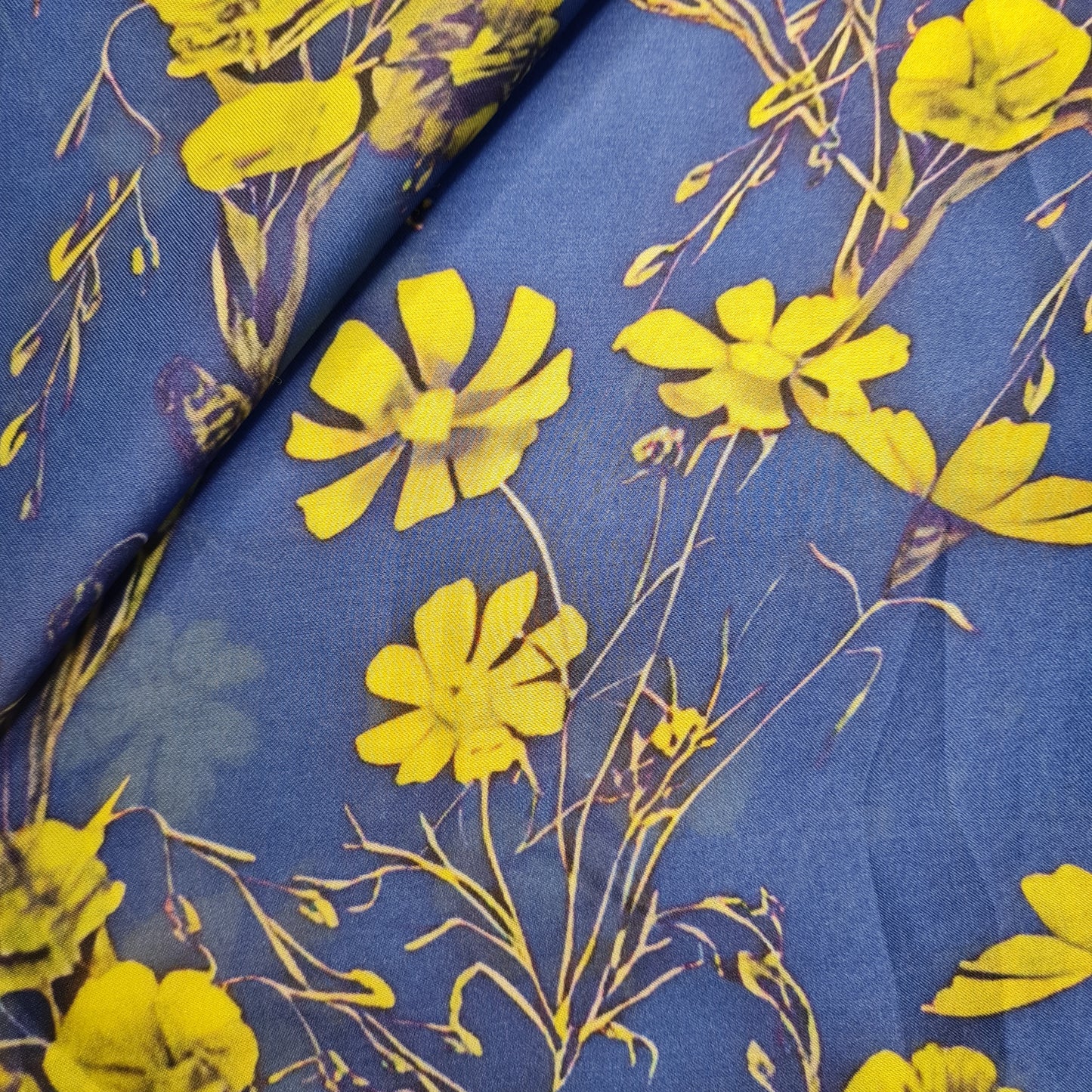 Exclusive Satin Georgette Dark Blue Yellow Floral Print Fabric