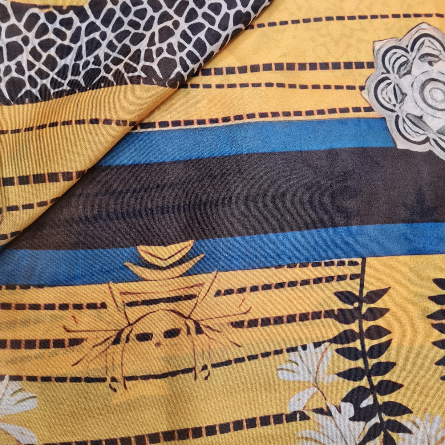 Exclusive Satin Georgette Yellow Black Sequins Floral Print Fabric