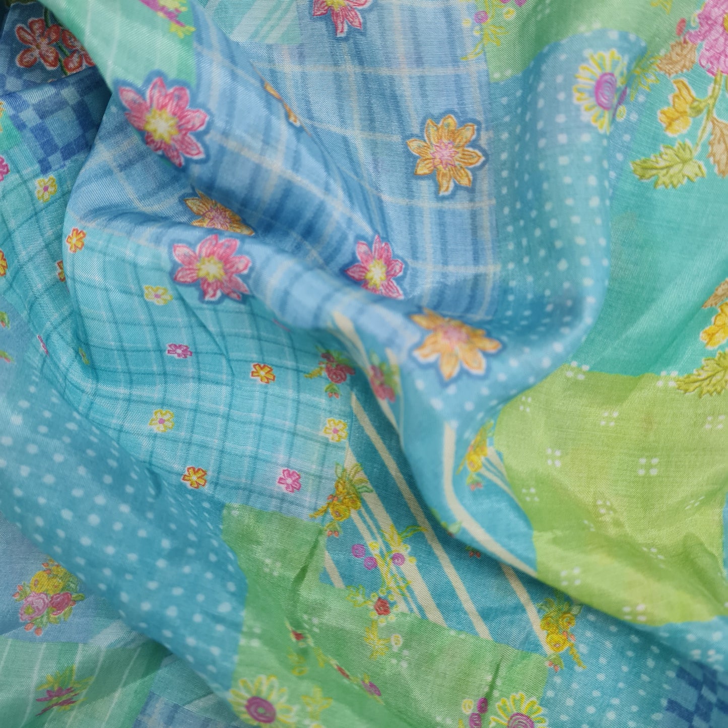 Premium Blue Green Geometrical Print Cotton Silk Fabric