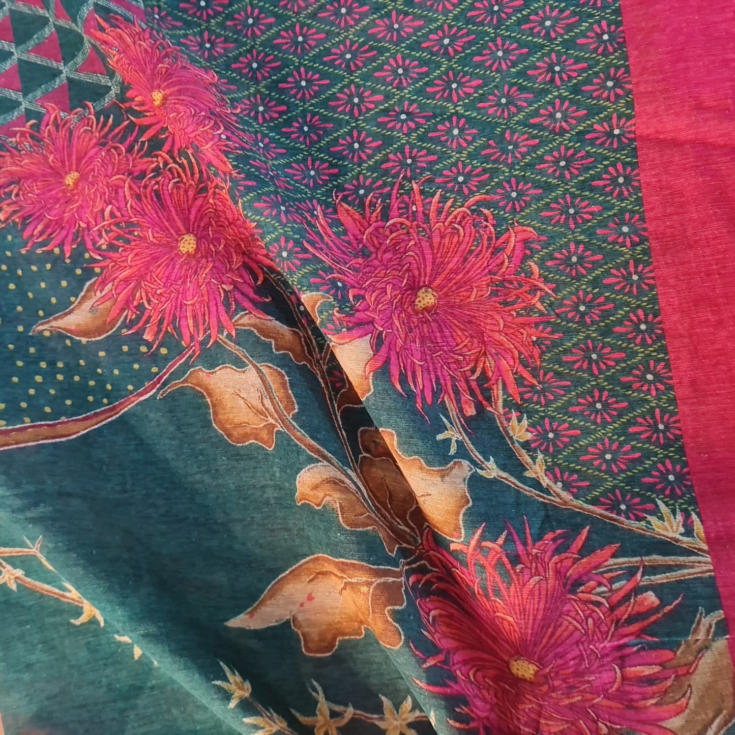 Primium,Green Tropical Floral Print Linen Organza Fabric