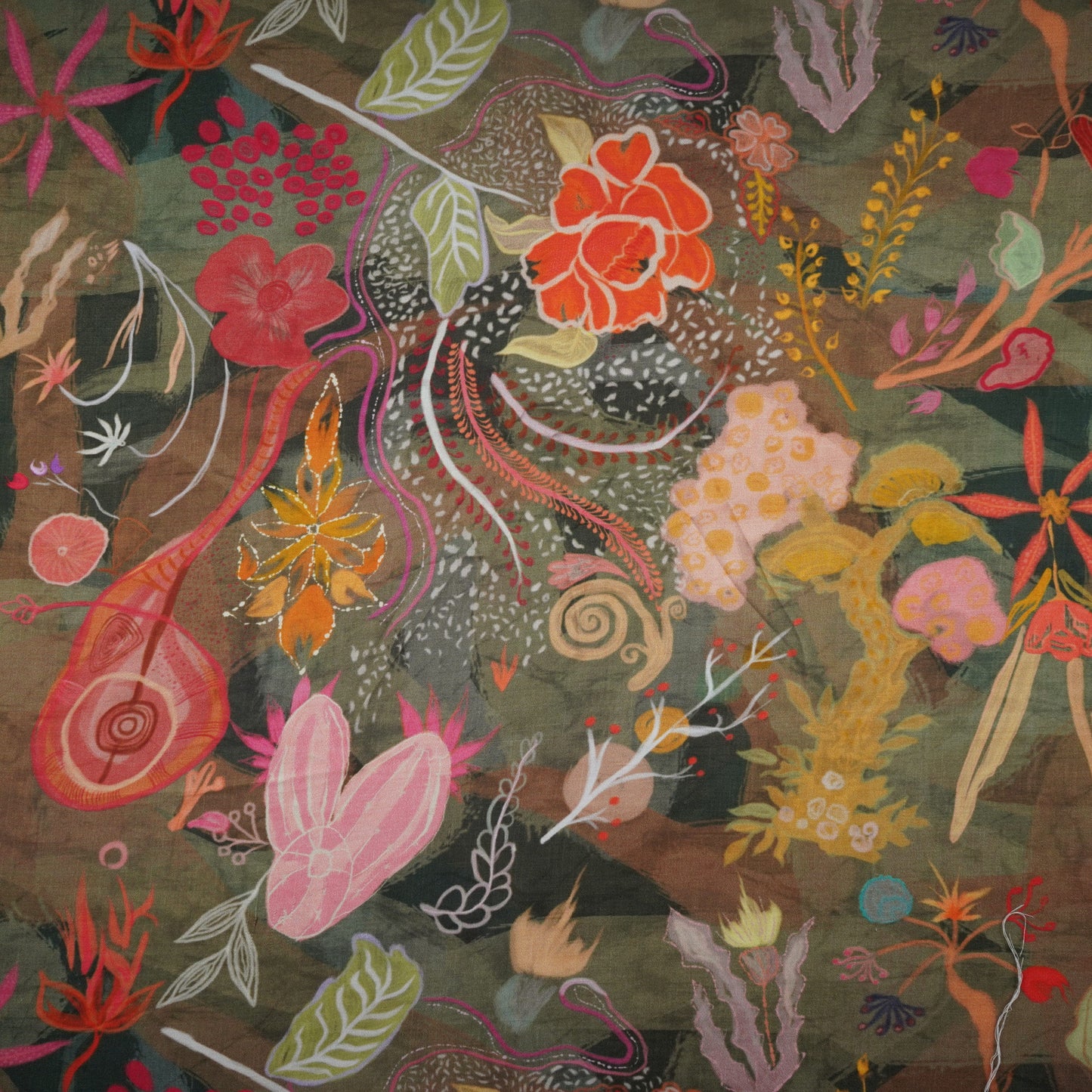 Olive Green Tropical Print Bemberg Silk Fabric 20850