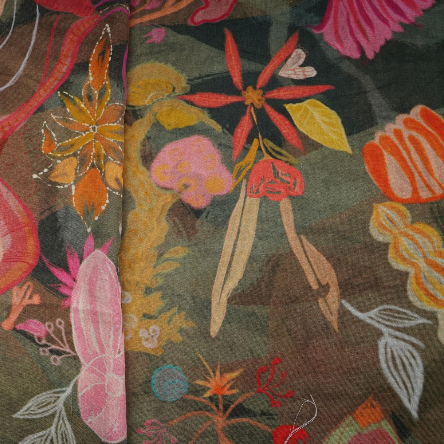 Olive Green Tropical Print Bemberg Silk Fabric 20850