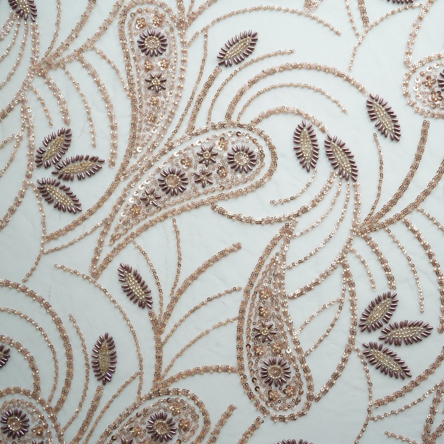 Beige Cutdana & Ricebeads Embroidery Net Fabric