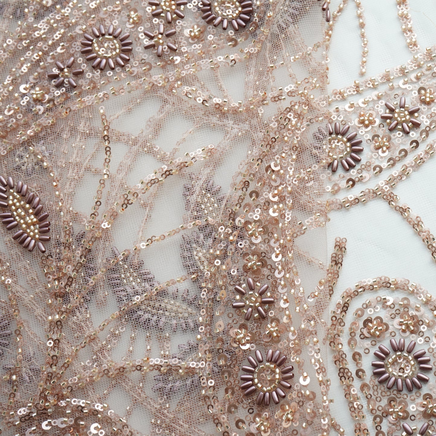 Beige Cutdana & Ricebeads Embroidery Net Fabric