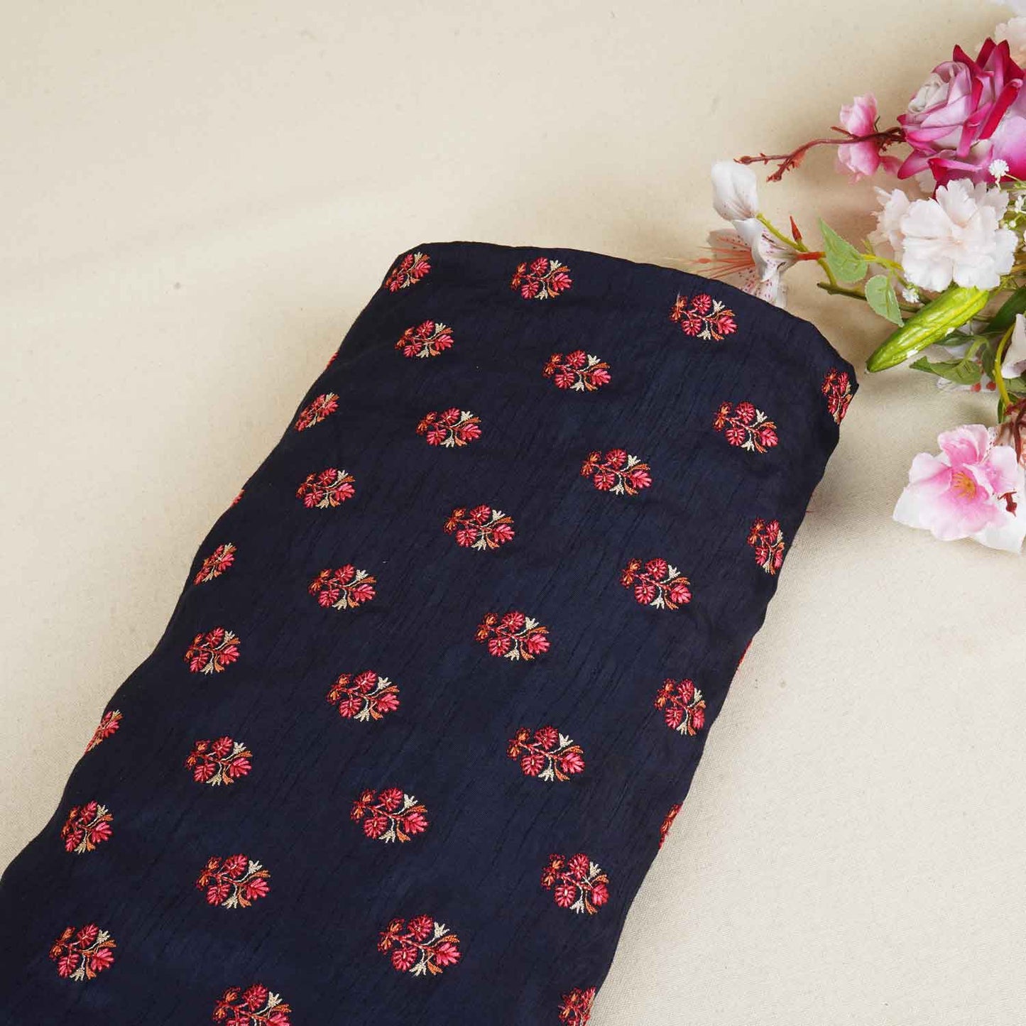 Navy Blue Kashmiri Embroidery Raw Silk Fabric RA-28209